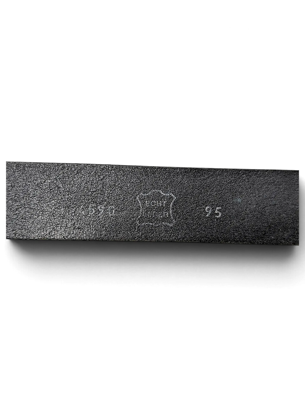 JAKE & IPI black distressed leather belt showing embossed genuine leather stamp and size 95 on the inner strap
