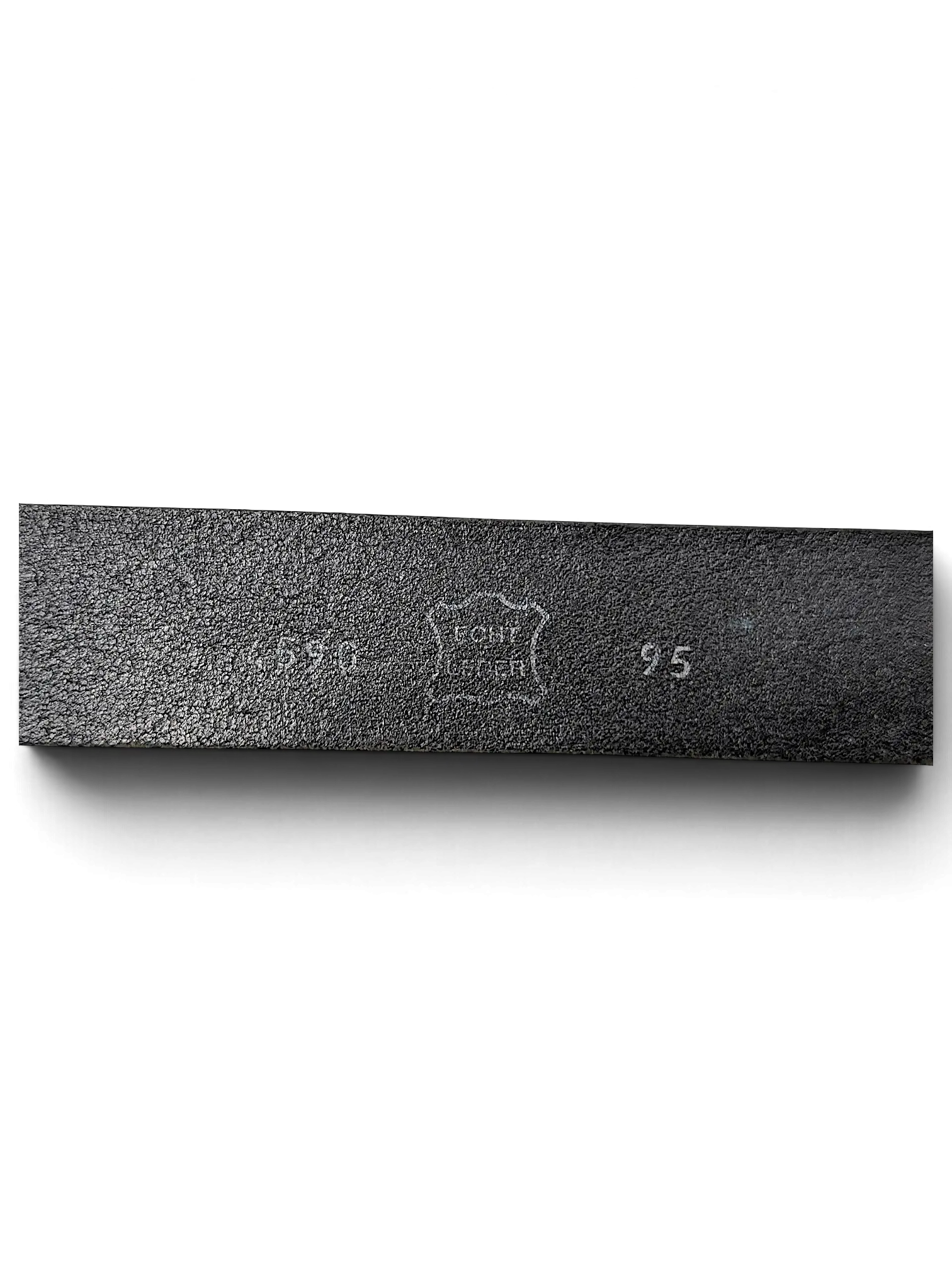 JAKE & IPI black distressed leather belt showing embossed genuine leather stamp and size 95 on the inner strap