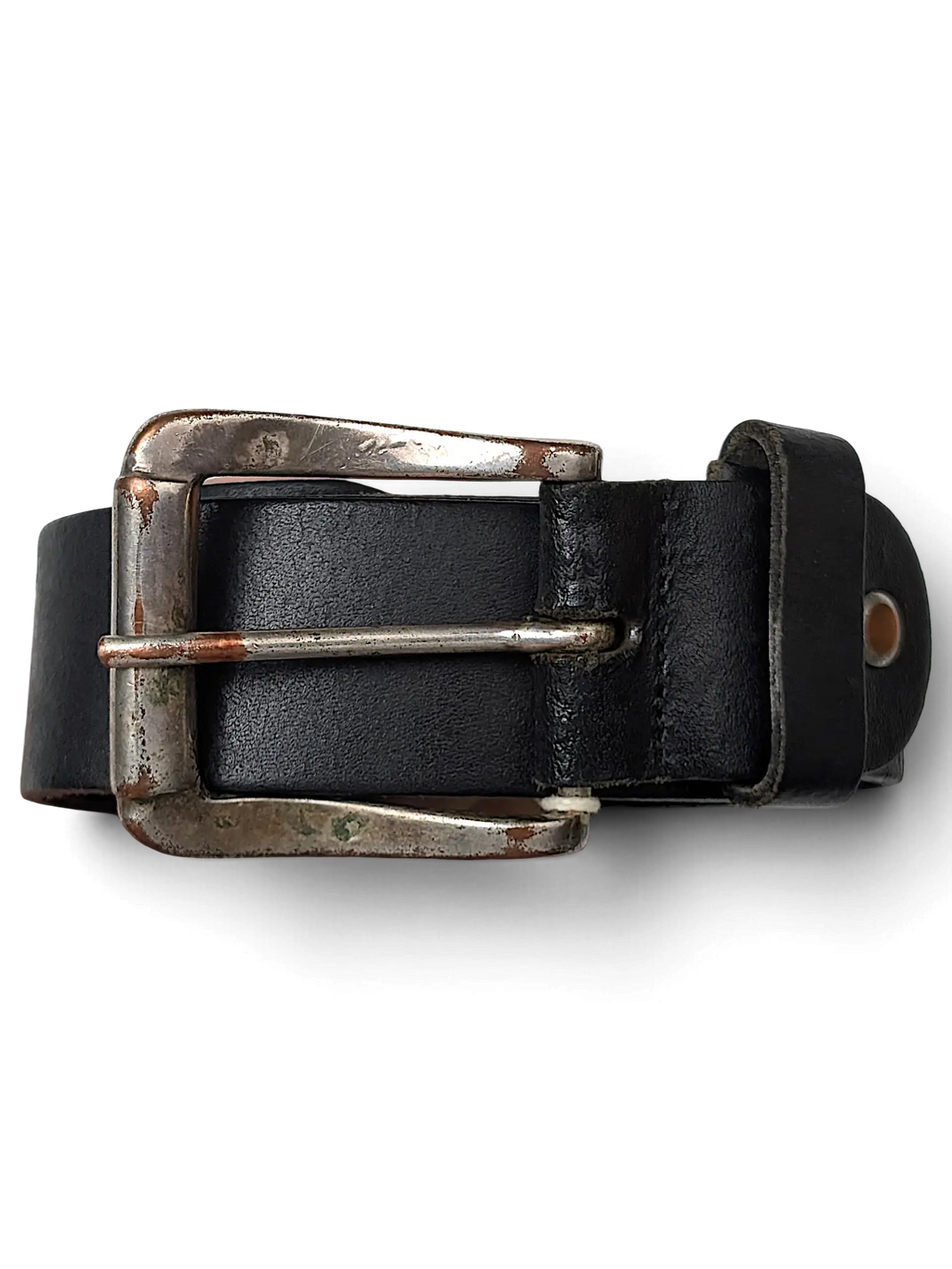 JAKE & IPI black leather belt featuring a distressed silver-tone metal buckle held in a hand.