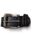 JAKE & IPI black leather belt featuring a distressed silver-tone metal buckle held in a hand.
