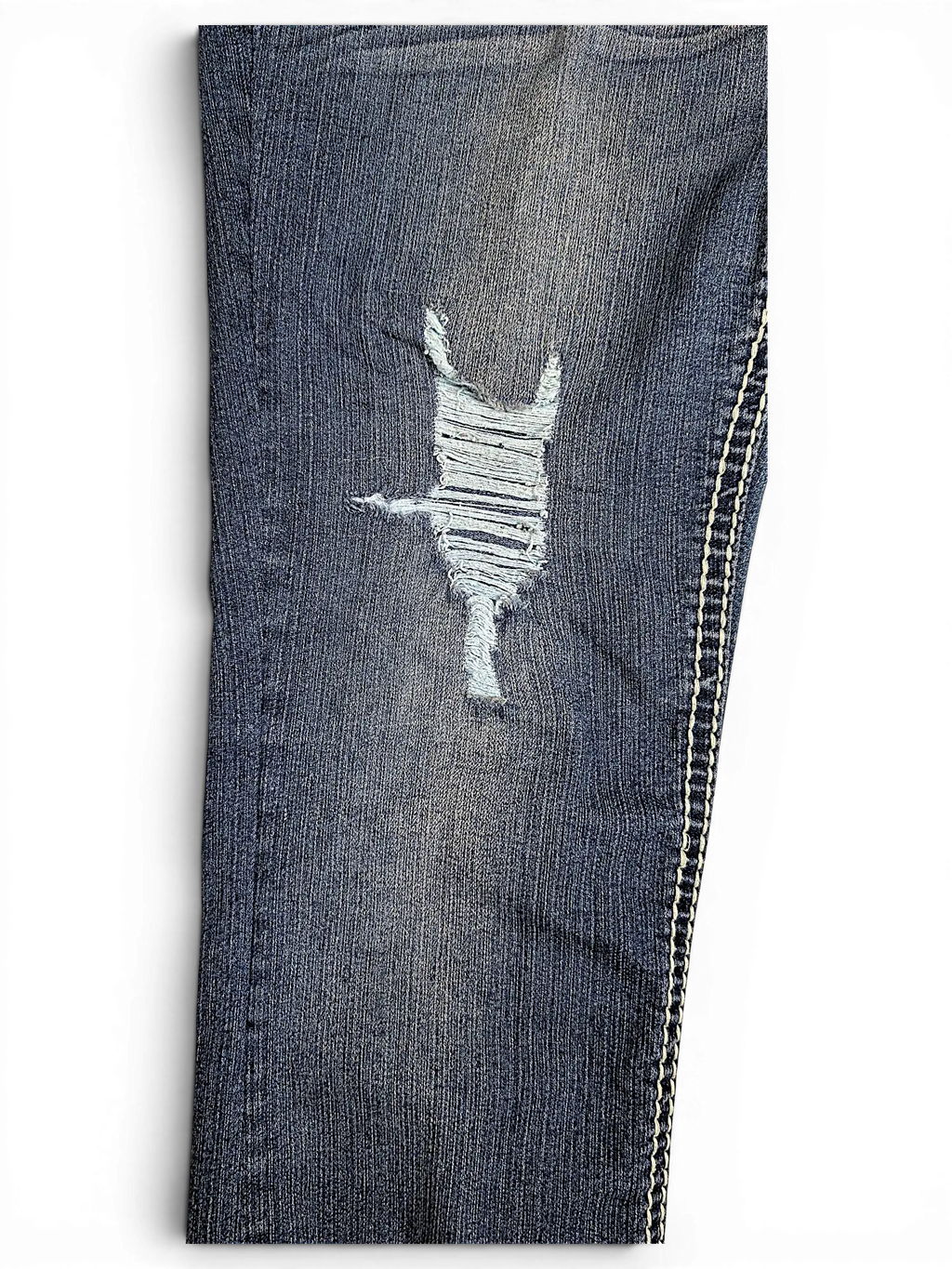 JAKE & IPI Almost Famous distressed blue denim jeans with frayed knee detail and contrast stitching