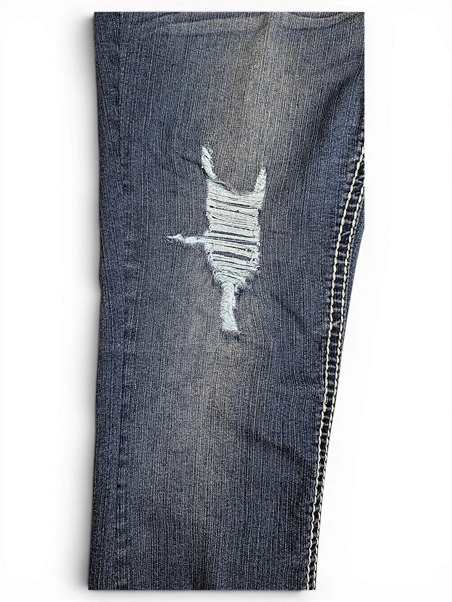 JAKE & IPI Almost Famous distressed blue denim jeans with frayed knee detail and contrast stitching