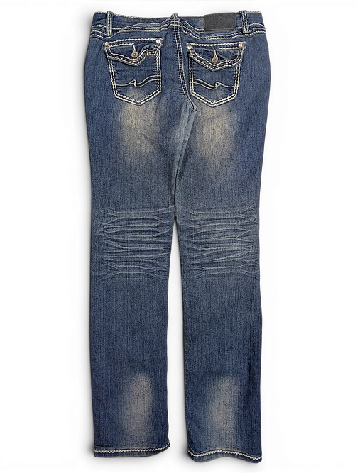 JAKE & IPI Almost Famous distressed blue denim jeans with back pocket embroidery and silver stud detailing
