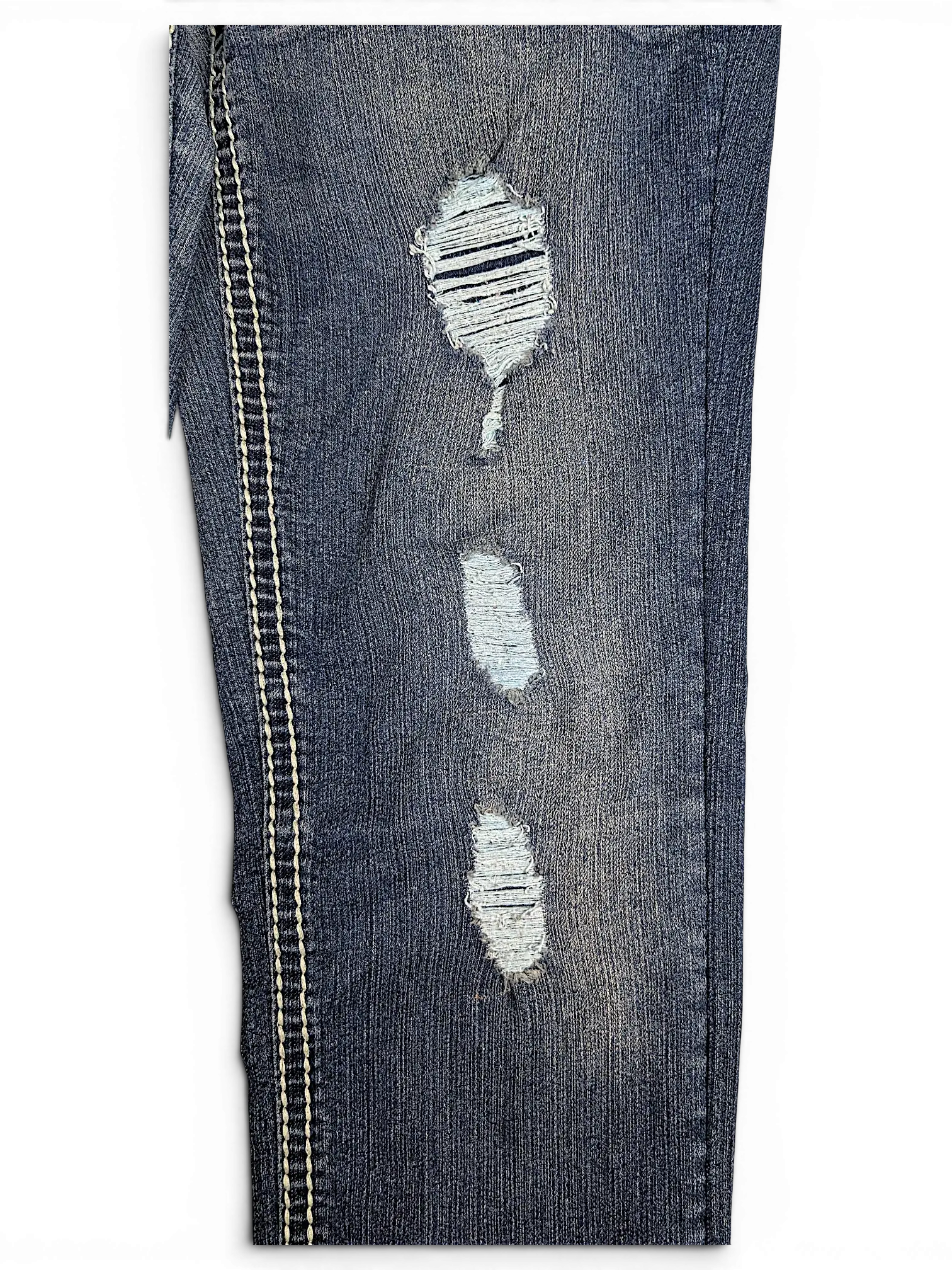 JAKE & IPI Almost Famous distressed blue denim jeans with heavy contrast stitching and ripped knee details.