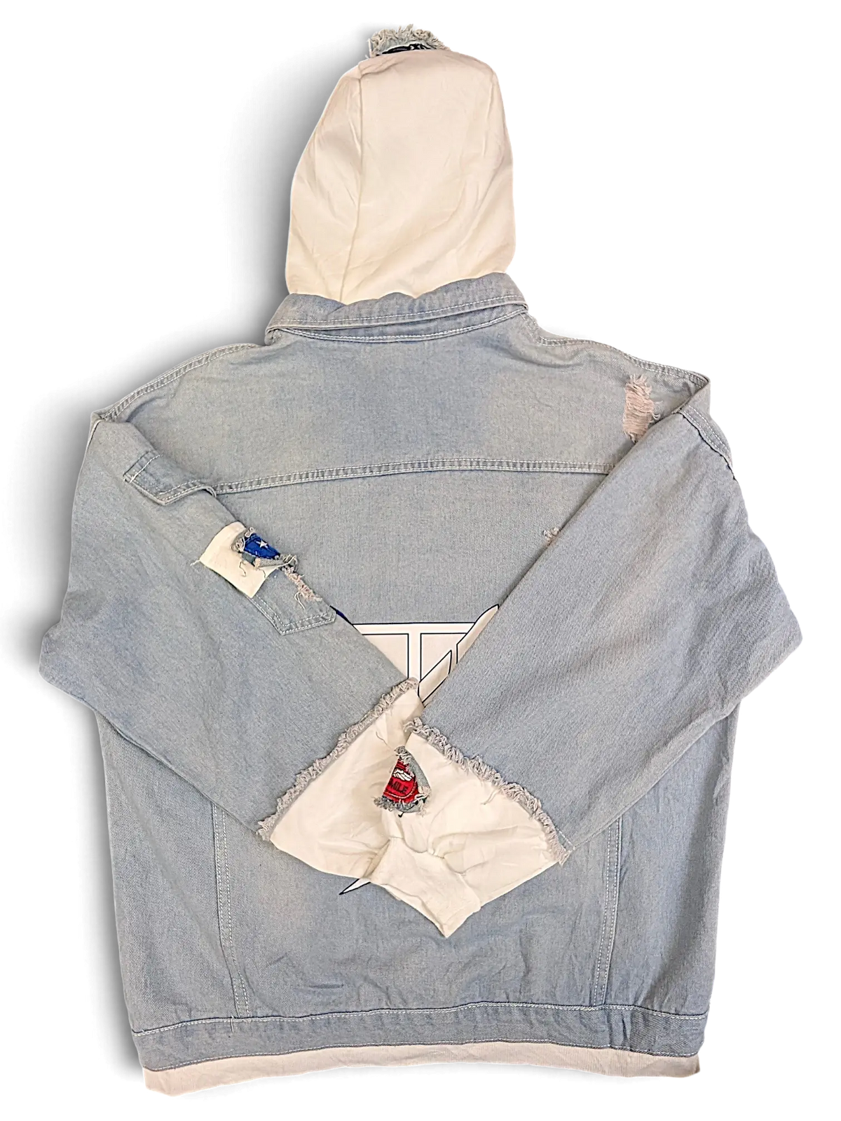 JAKE & IPI light wash denim jacket with white hood, distressed details, and layered sleeves on a black background