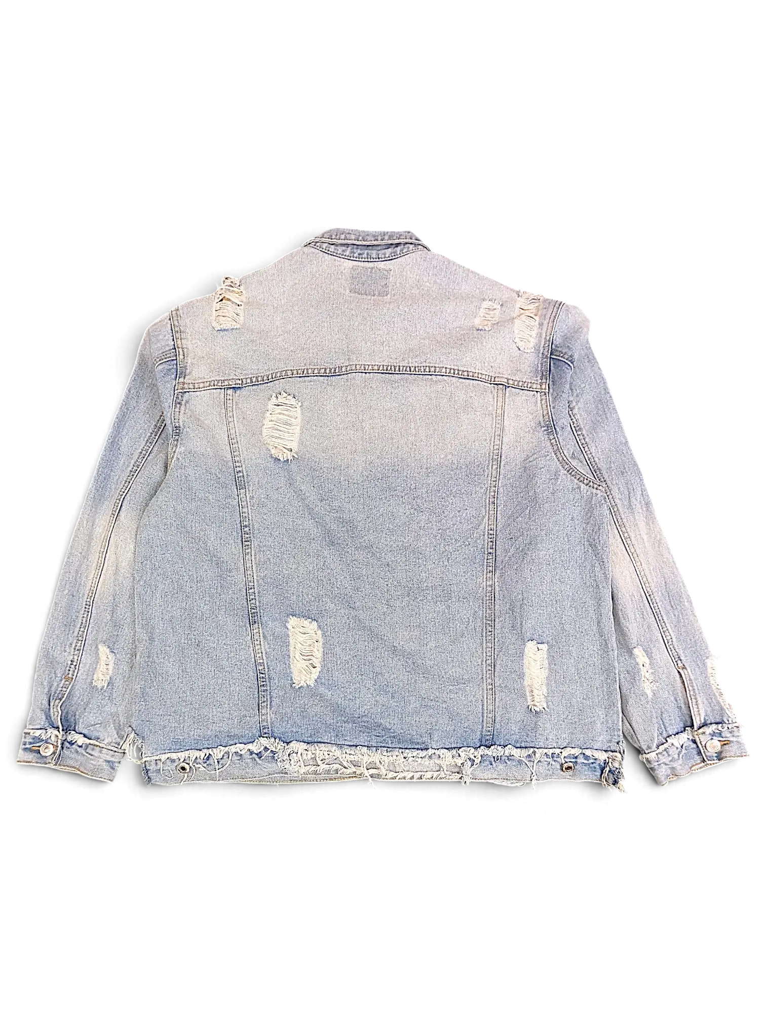 JAKE & IPI light wash distressed denim jacket with frayed hem and ripped detailing on the back