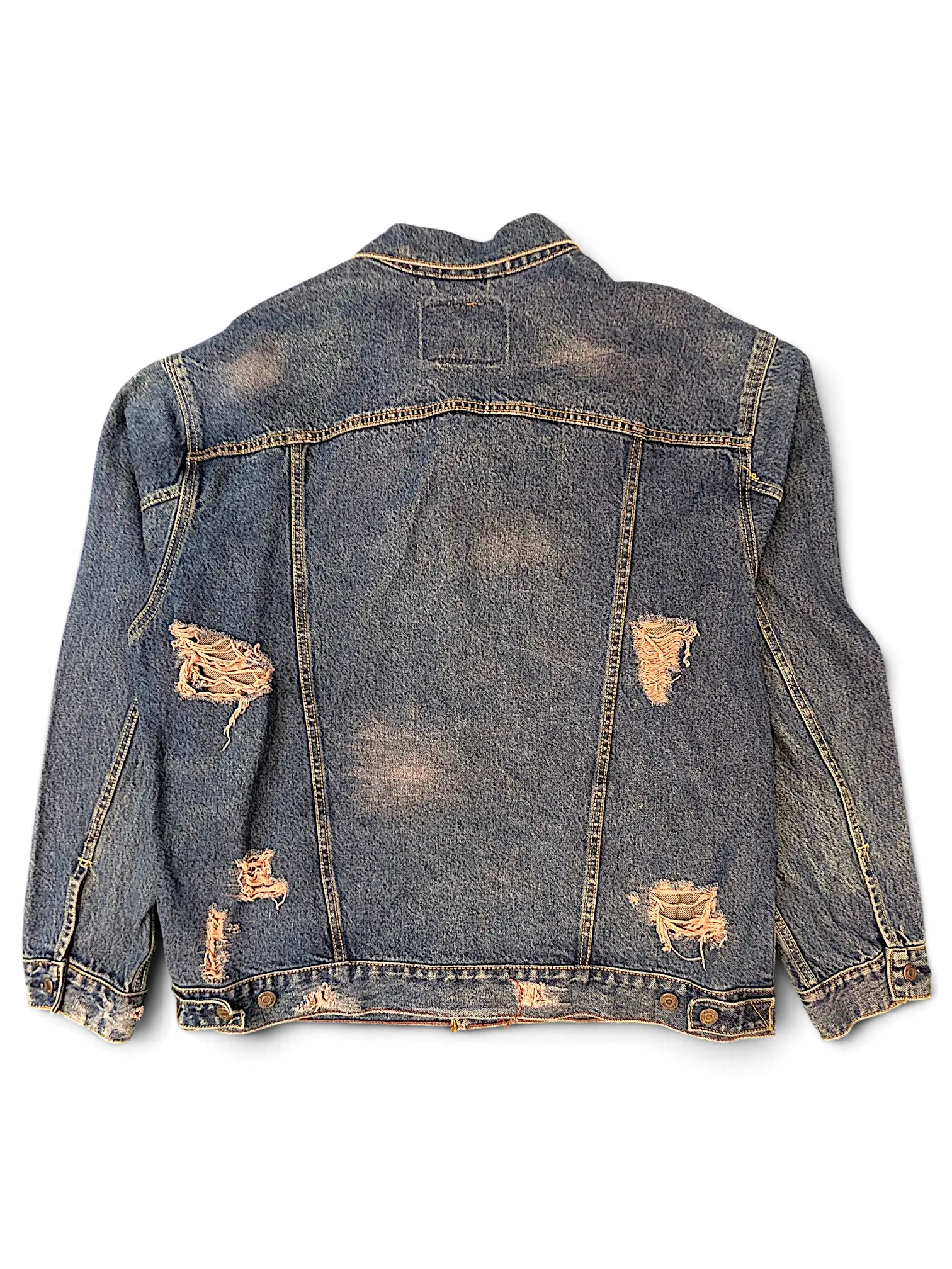 Back view of a JAKE & IPI Levi Strauss Signature distressed blue denim jacket with frayed detailing.