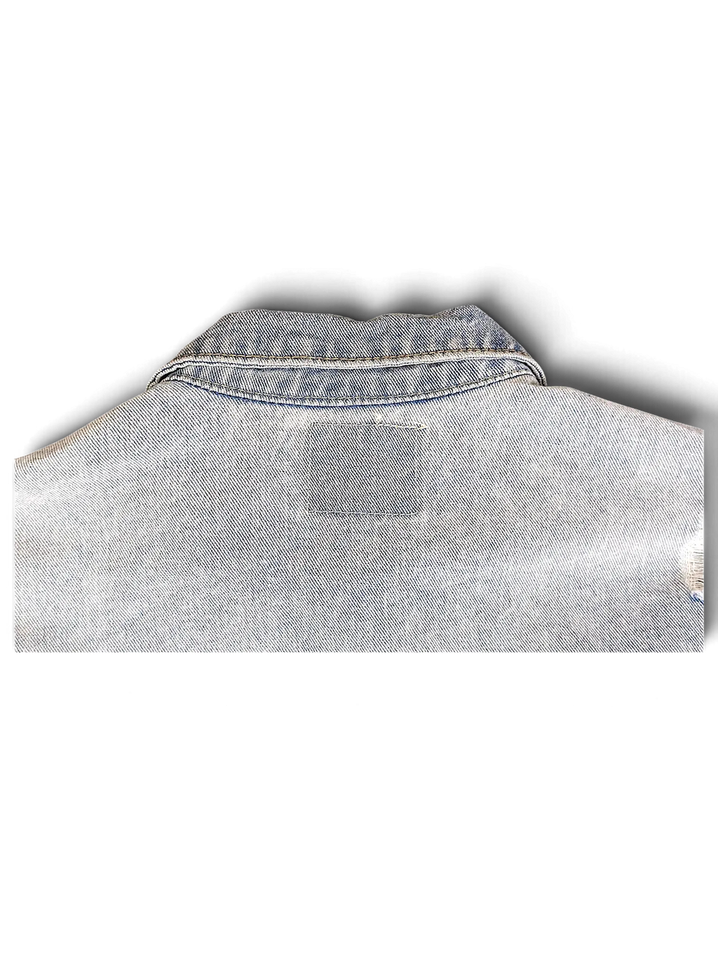 JAKE & IPI light wash distressed denim jacket collar detail with blank inner label