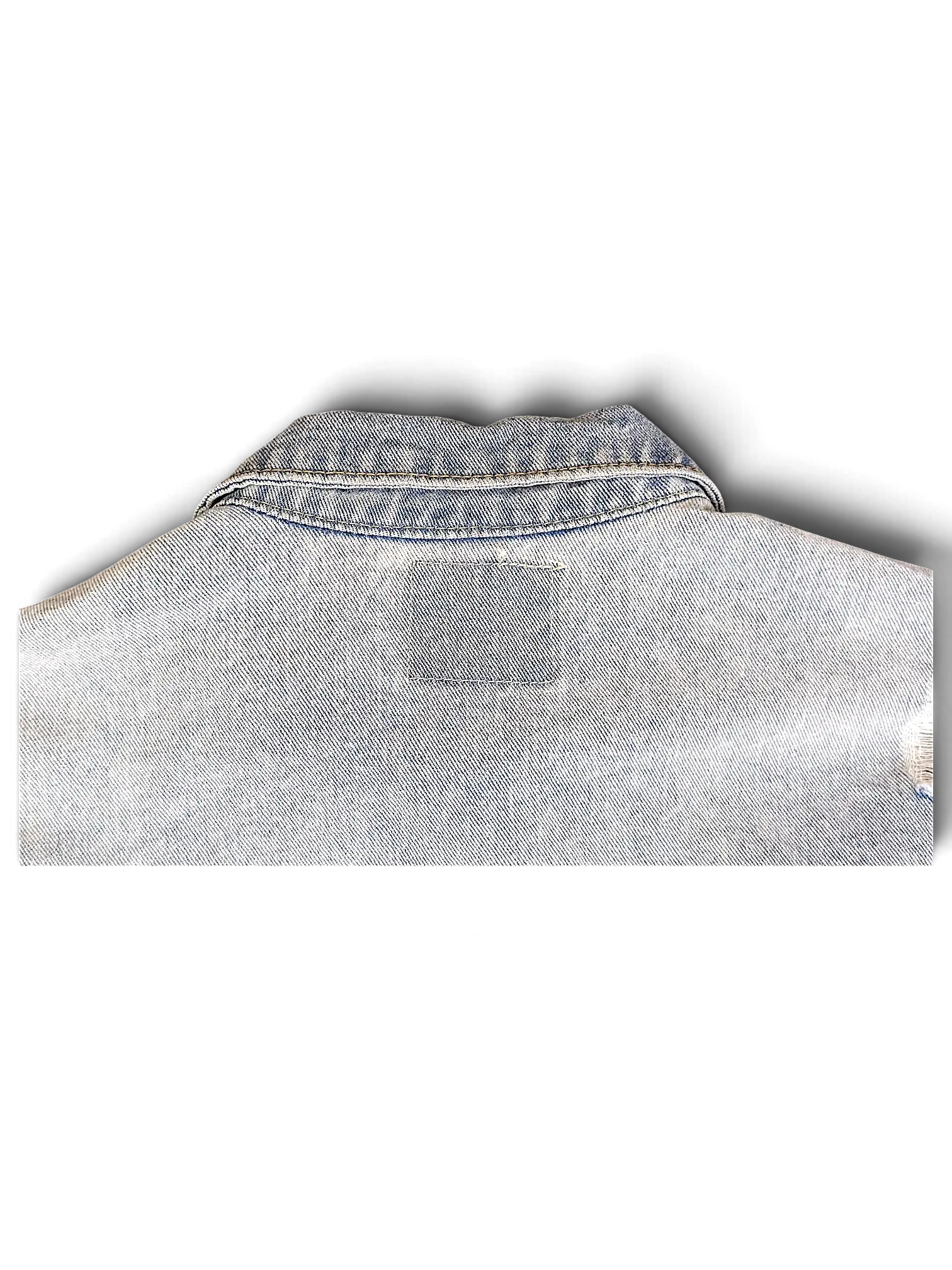 JAKE & IPI light wash distressed denim jacket collar detail with blank inner label