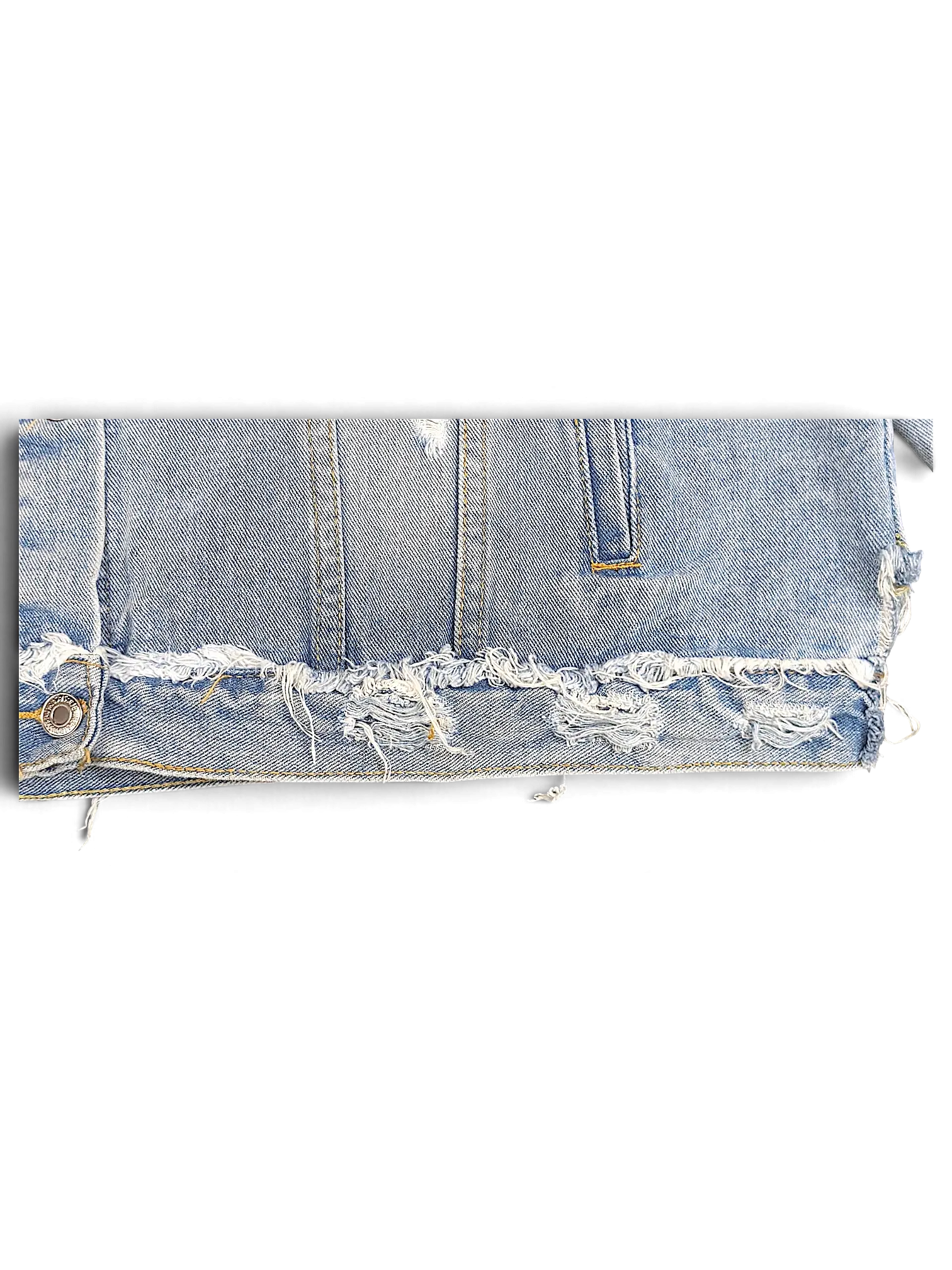 JAKE & IPI light wash denim jacket featuring a distressed raw frayed hem and metal button detail.