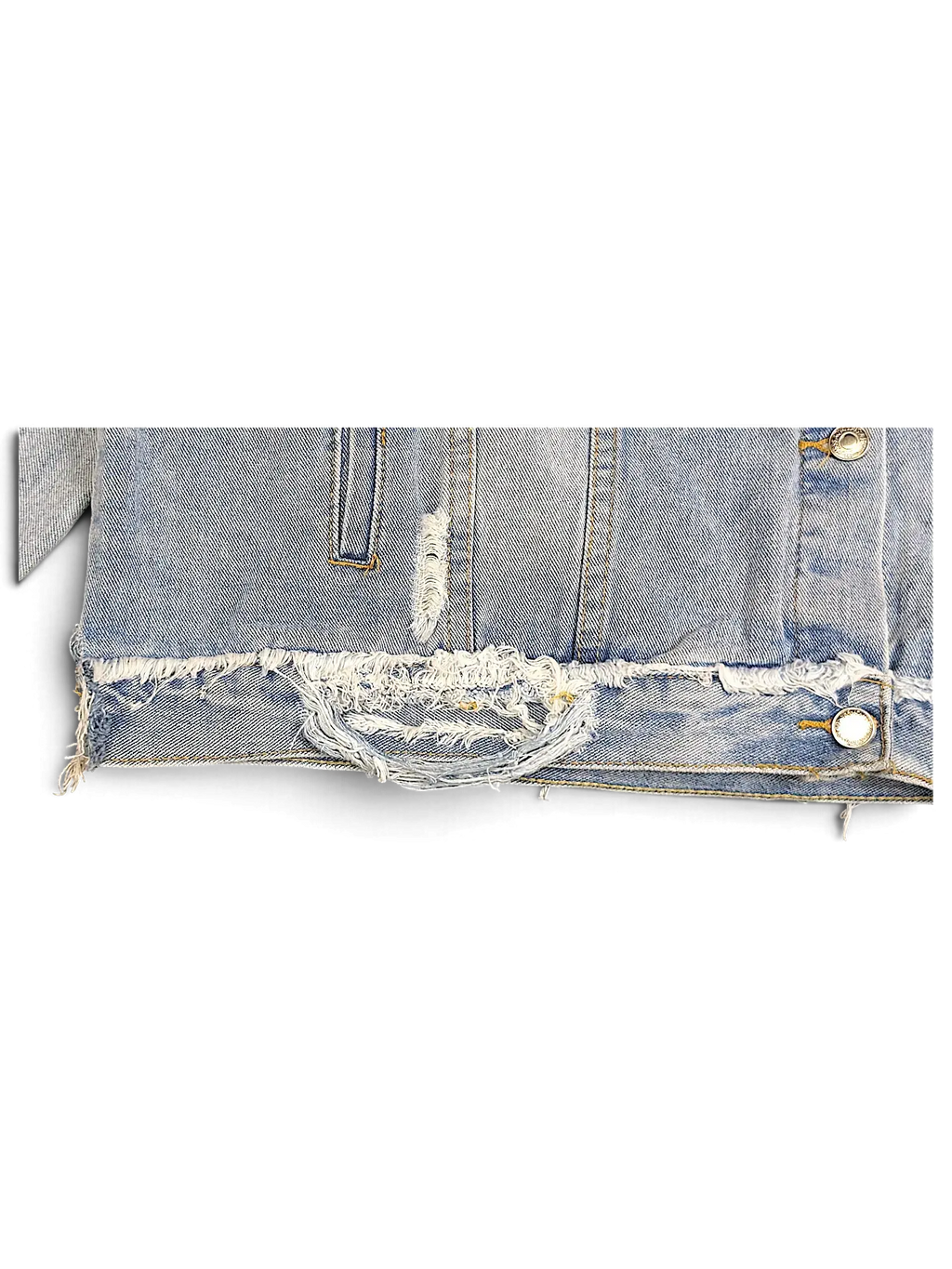 JAKE & IPI light wash denim jacket with distressed frayed hem and ripped detailing