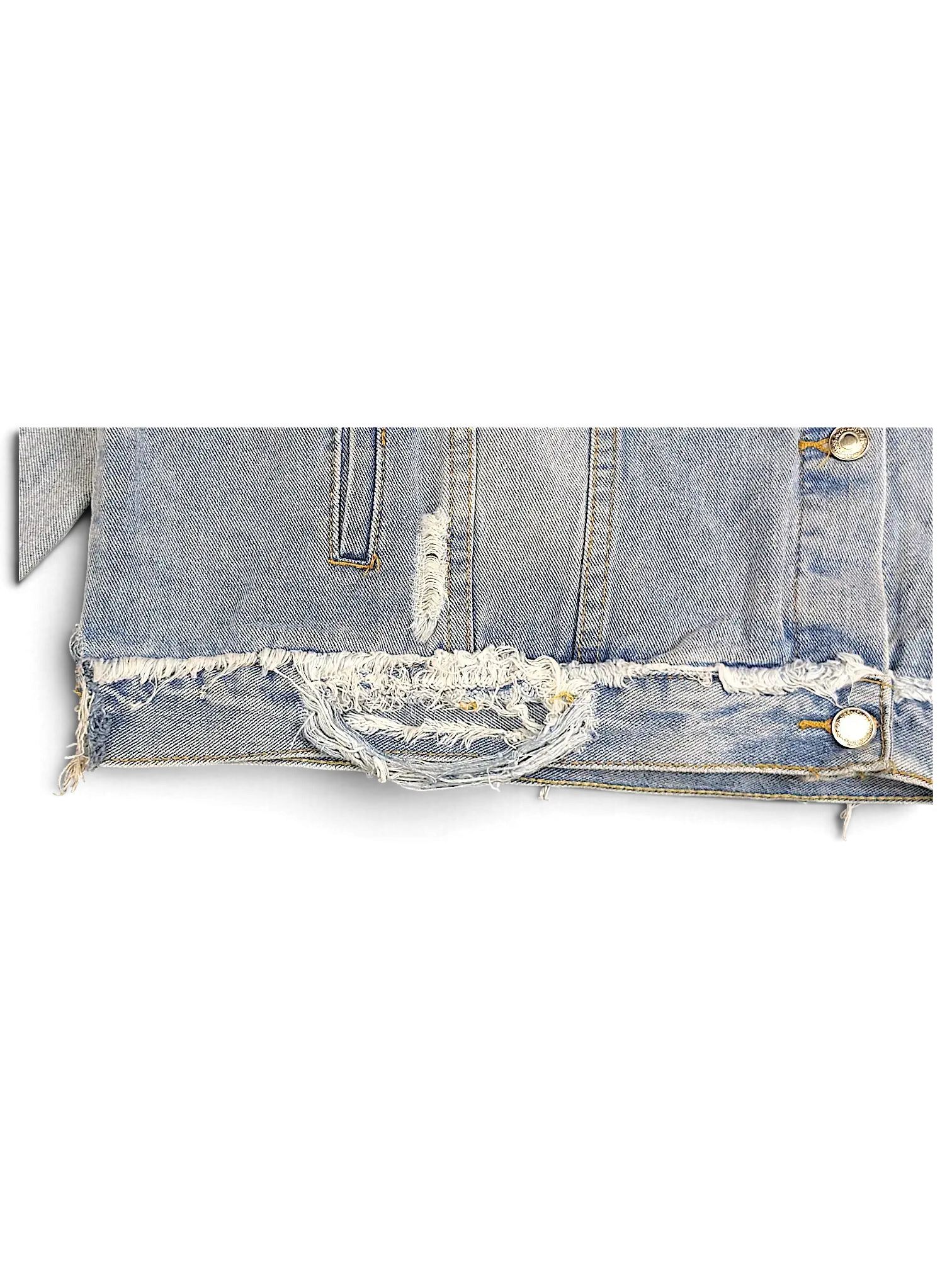 JAKE & IPI light wash denim jacket with distressed frayed hem and ripped detailing