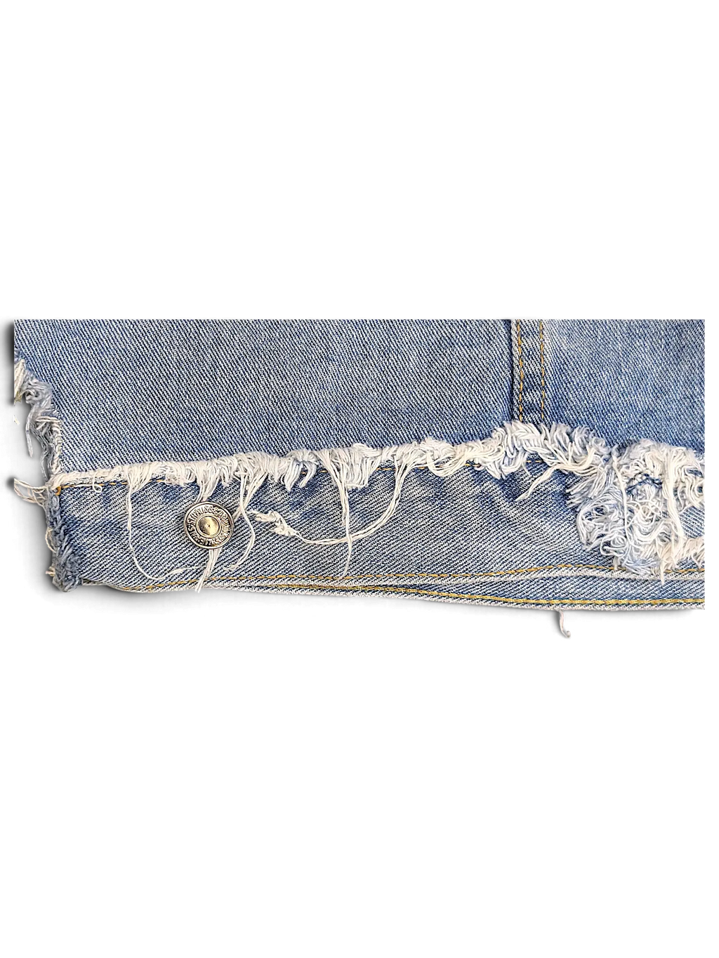 JAKE & IPI light blue denim jacket featuring a distressed frayed hem and metallic button detail