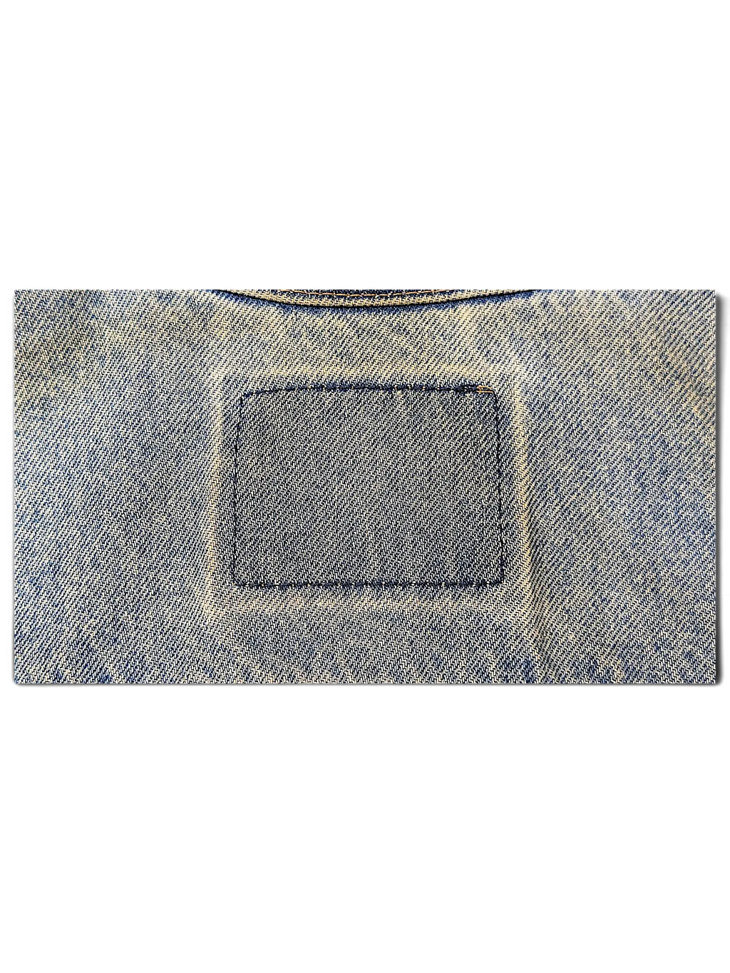 JAKE & IPI distressed blue denim jacket featuring a rectangular patch detail on the back