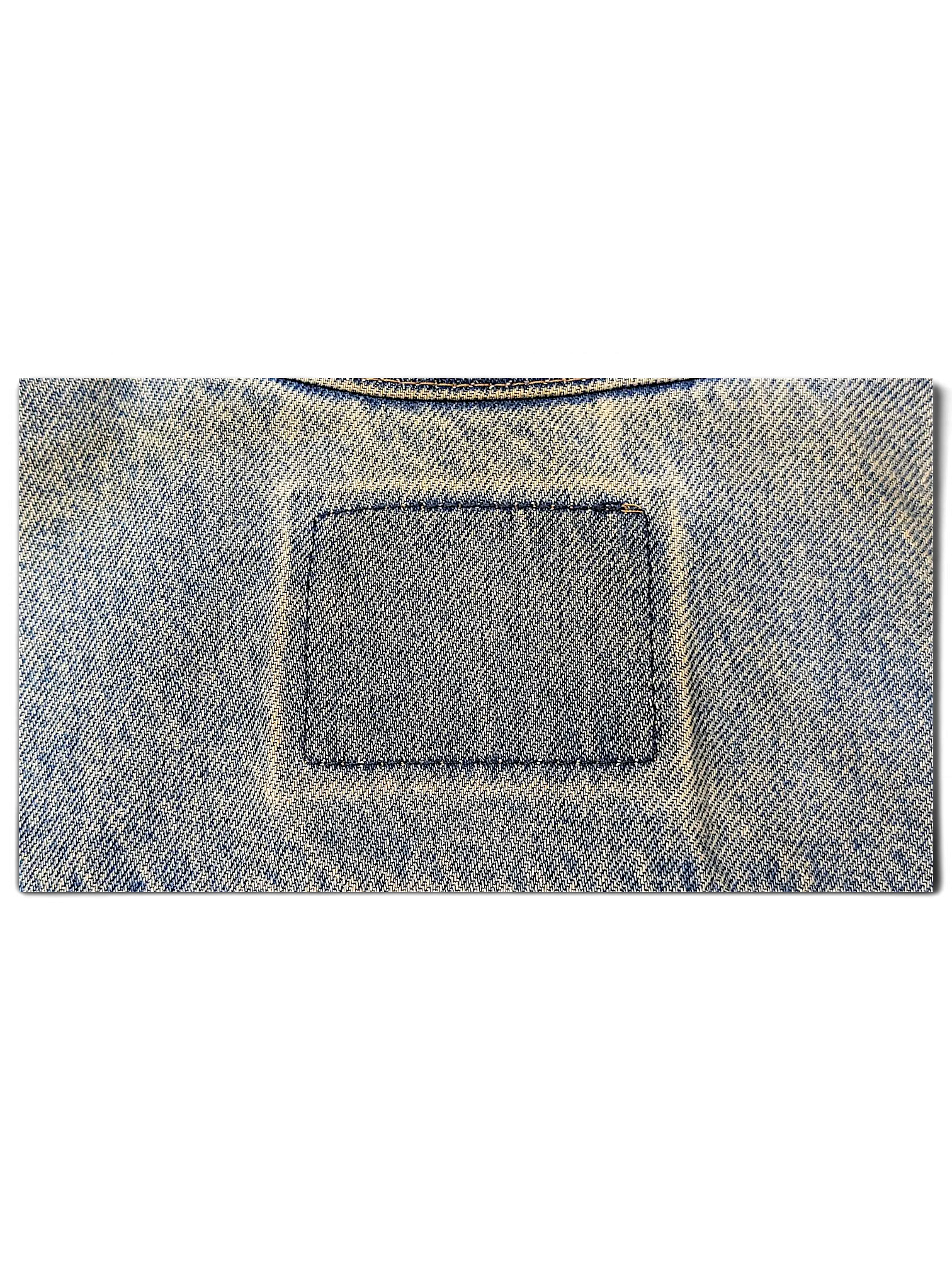 JAKE & IPI distressed blue denim jacket featuring a rectangular patch detail on the back
