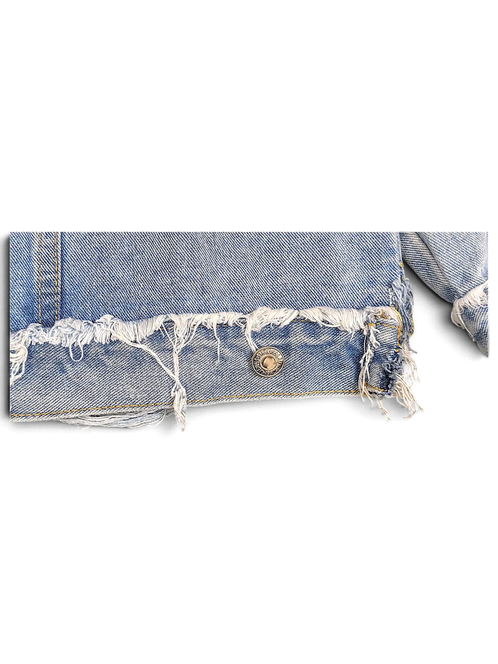 JAKE & IPI light blue distressed denim jacket with a frayed raw hem and metallic button detail