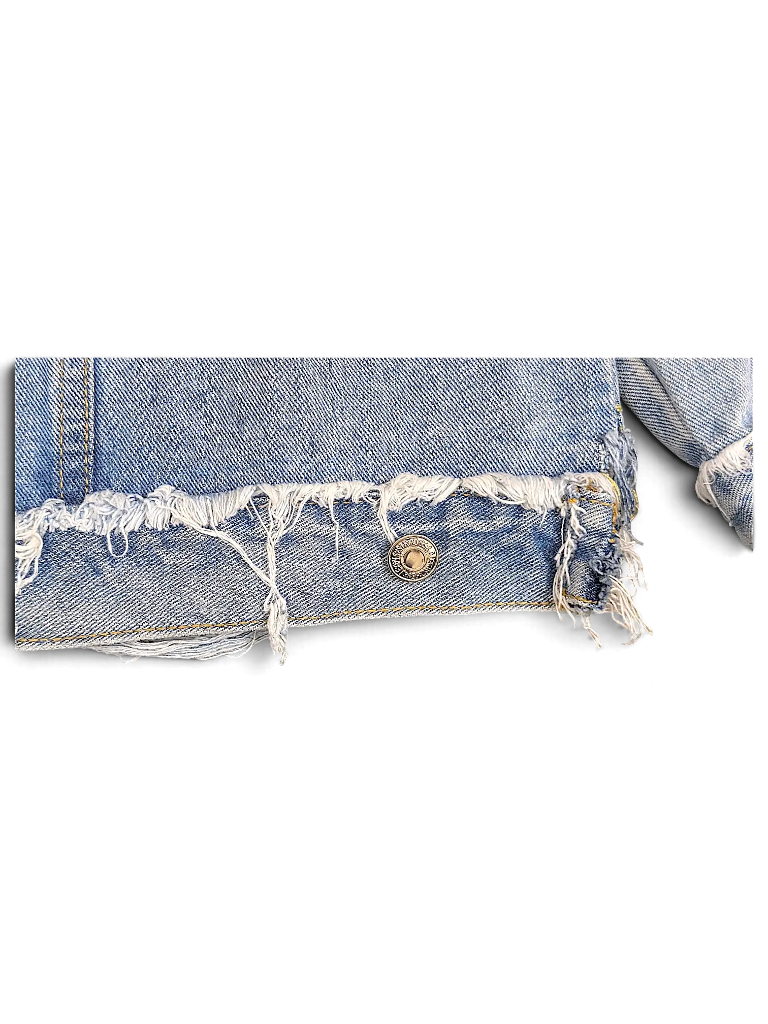 JAKE & IPI light blue distressed denim jacket with a frayed raw hem and metallic button detail