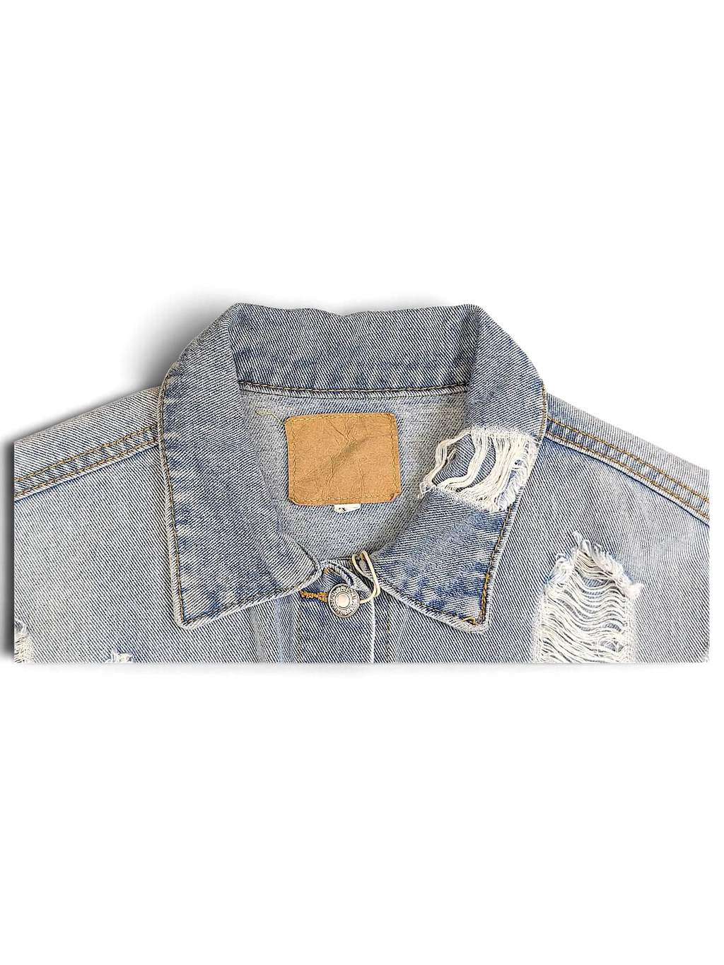 JAKE & IPI light blue distressed denim jacket with frayed collar and metal button detail