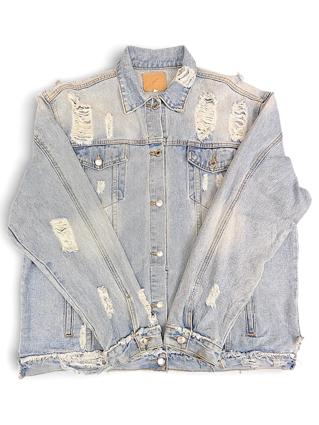 JAKE & IPI light wash denim jacket with heavy distressing, frayed hem, and button-up front closure.