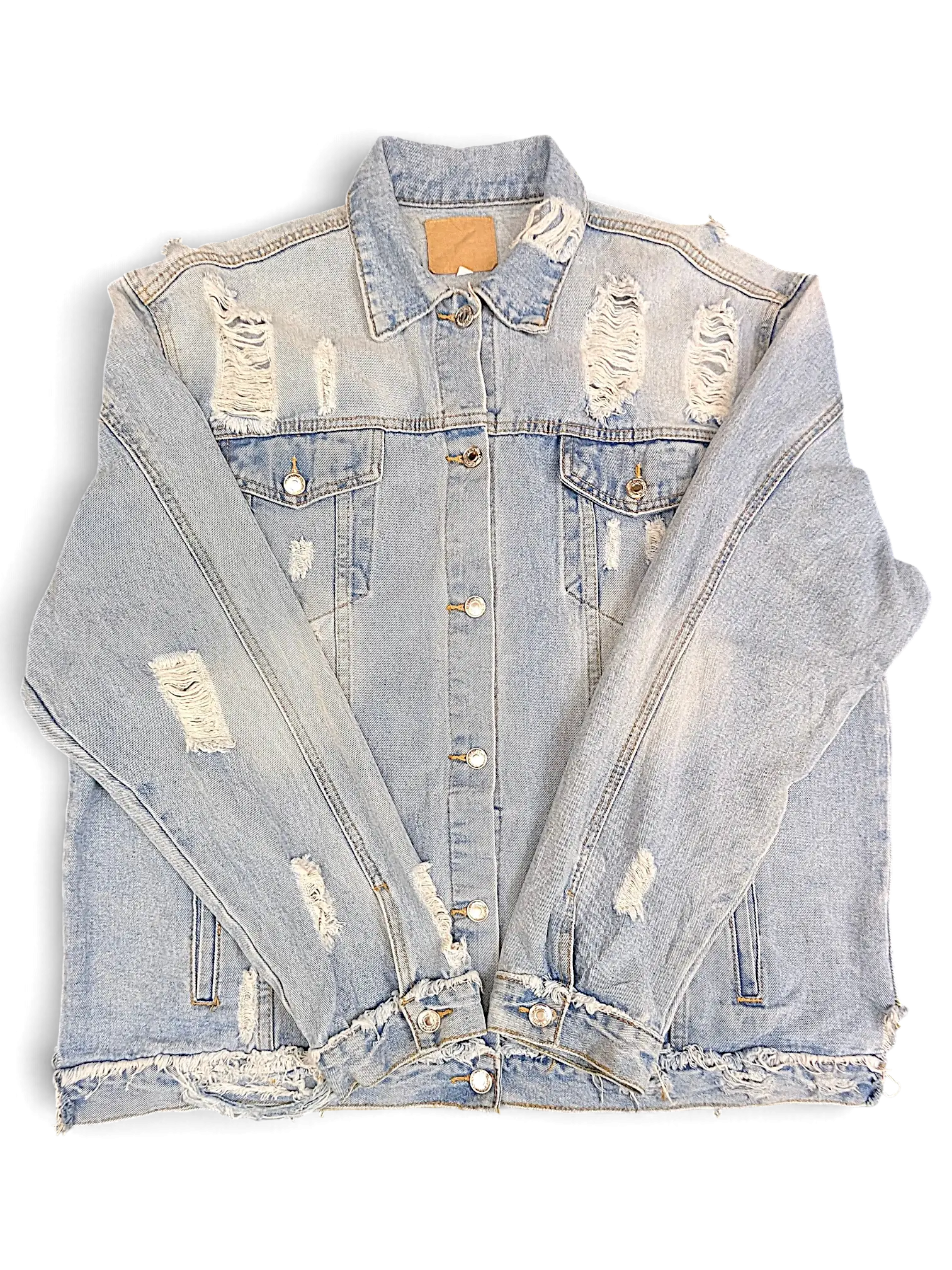 JAKE & IPI light wash denim jacket with heavy distressing, frayed hem, and button-up front closure.