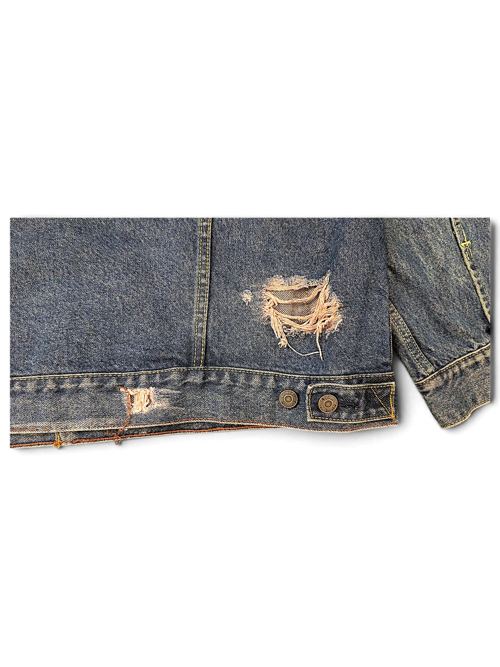 JAKE & IPI Levi Strauss Signature distressed blue denim jacket with frayed detailing and metal button hem