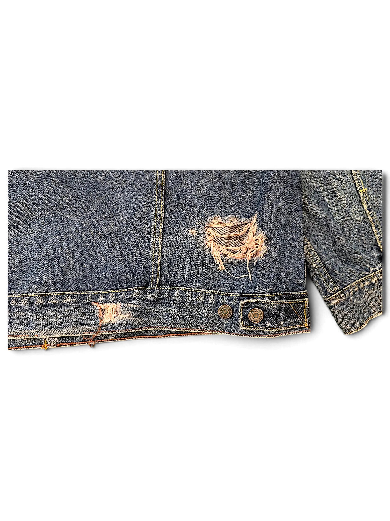 JAKE & IPI Levi Strauss Signature distressed blue denim jacket with frayed detailing and metal button hem
