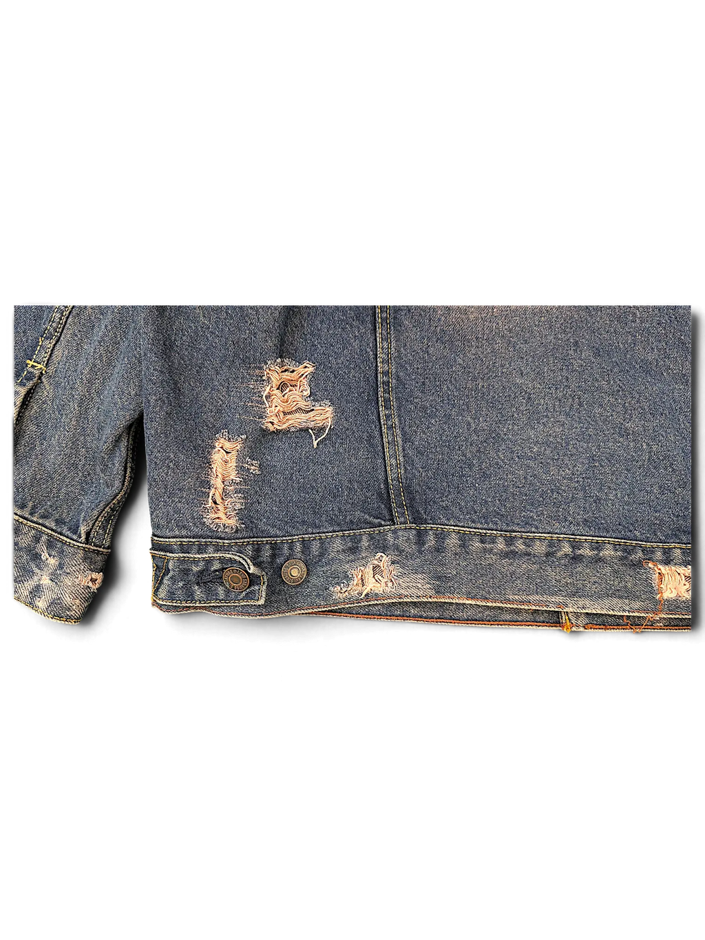 JAKE & IPI Levi Strauss Signature blue denim jacket featuring distressed details and frayed hemline