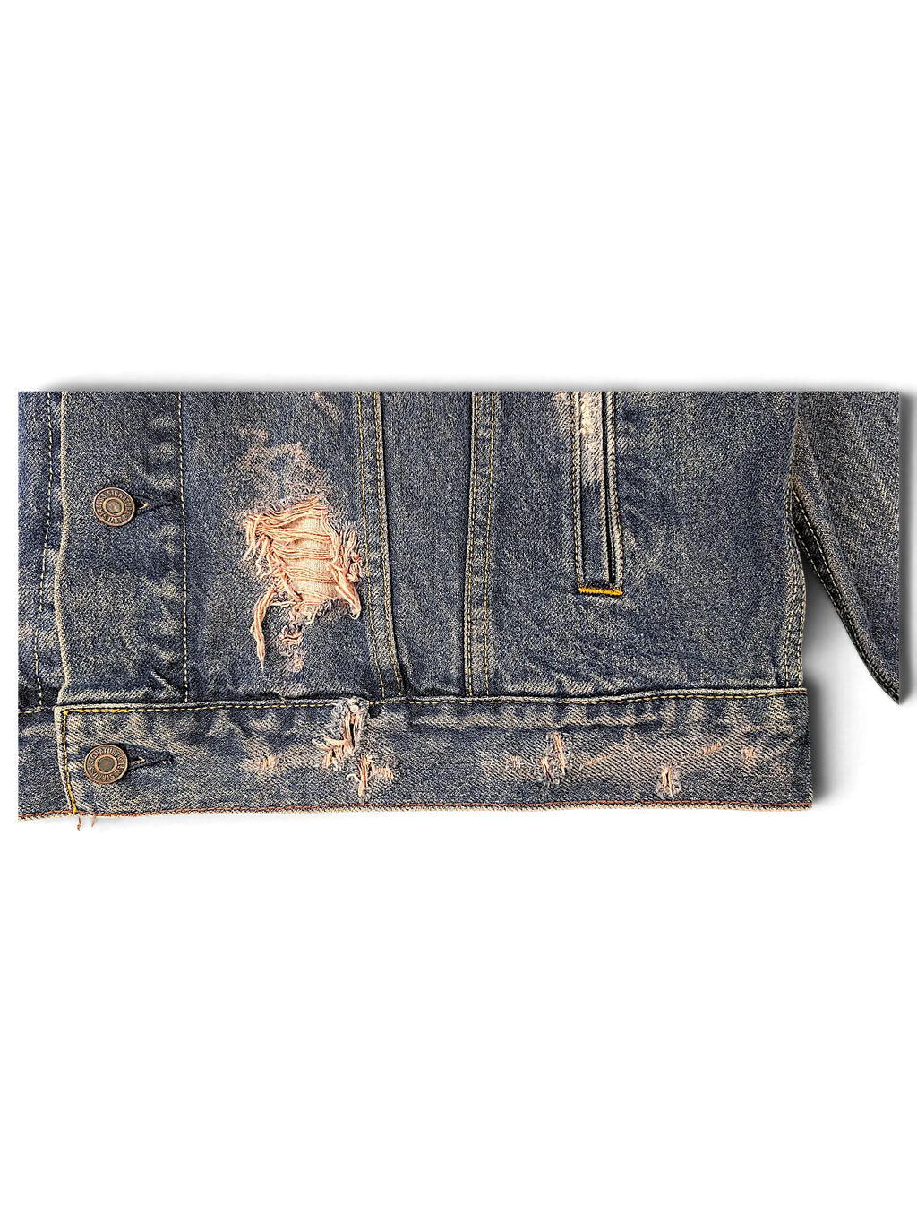 JAKE & IPI Levi Strauss Signature distressed blue denim jacket with frayed detailing and metal button closure.