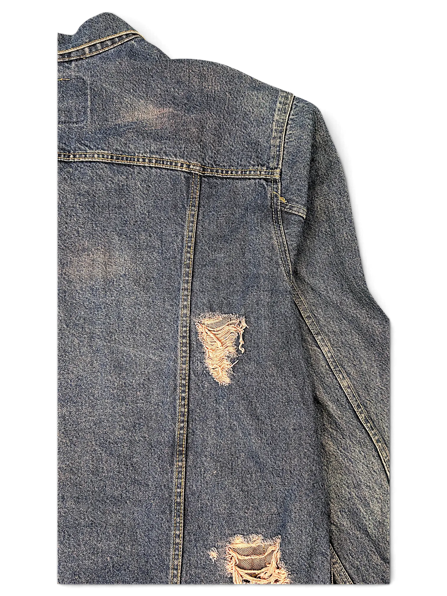 JAKE & IPI Levi Strauss Signature blue denim jacket with distressed ripped details on the back panel