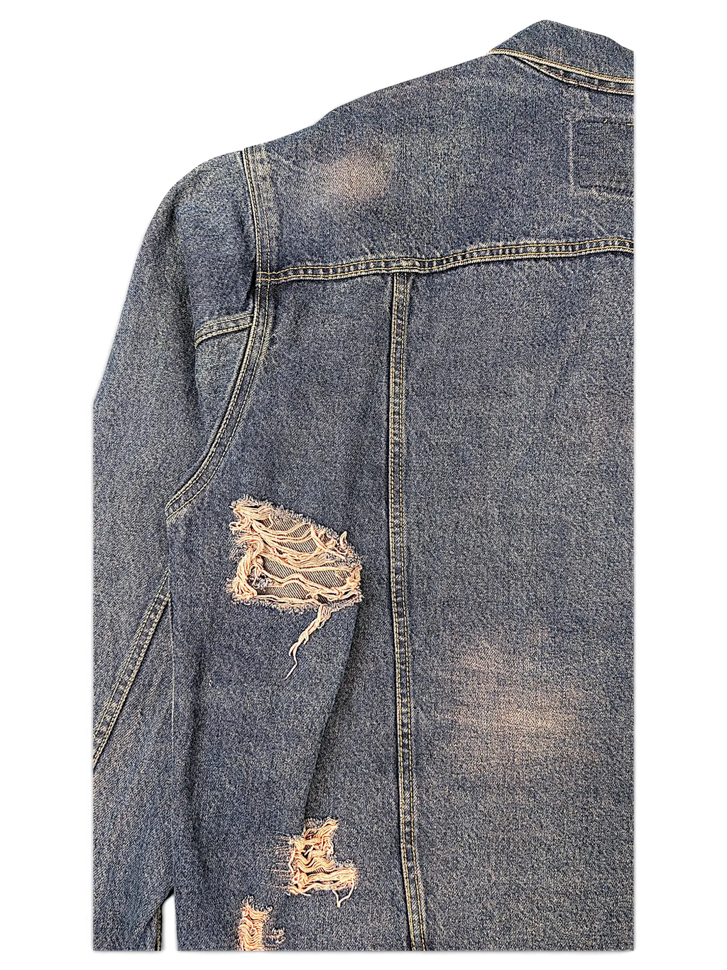 JAKE & IPI Levi Strauss Signature blue denim jacket with distressed ripped details and faded wash on the back