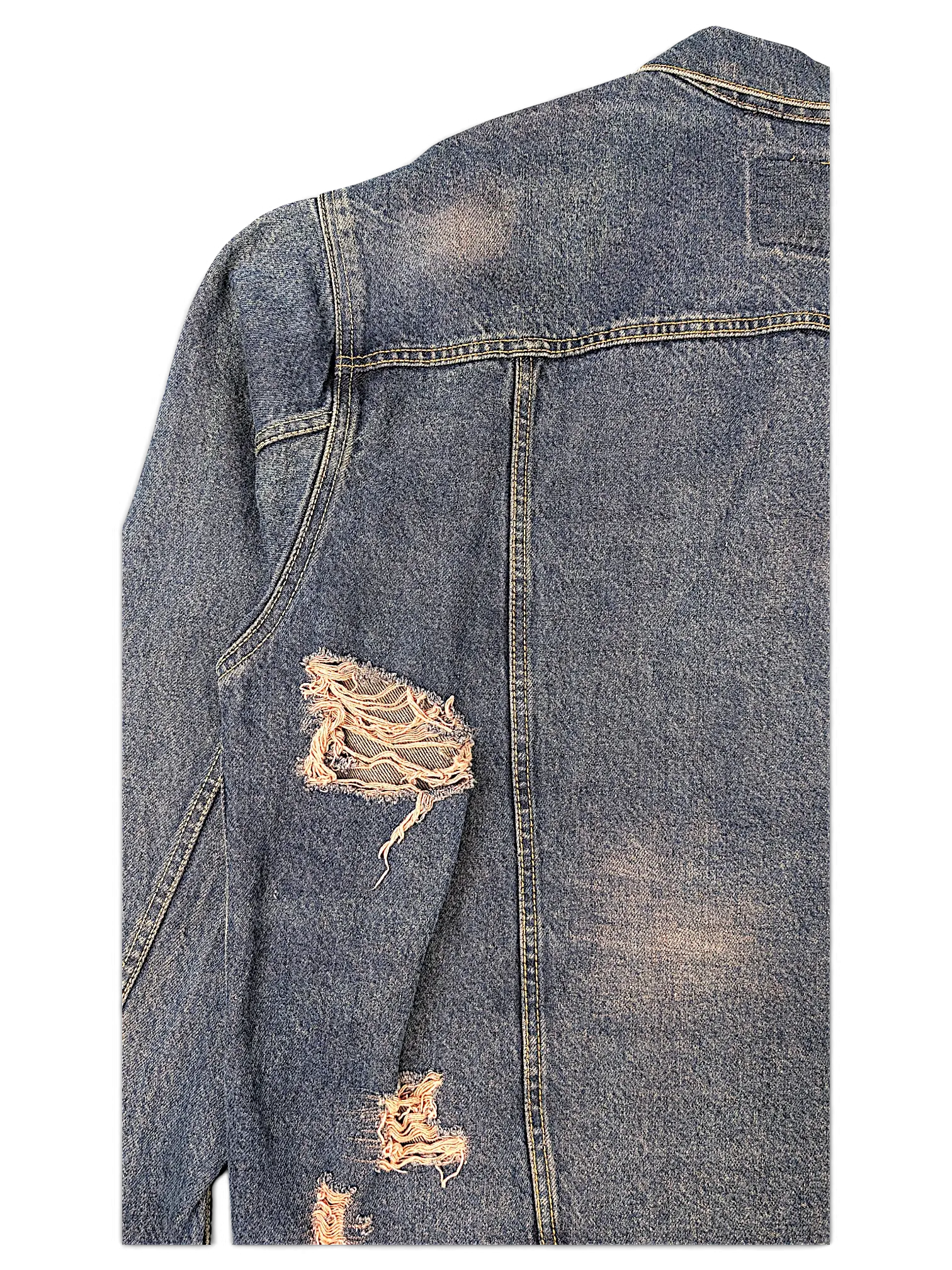JAKE & IPI Levi Strauss Signature blue denim jacket with distressed ripped details and faded wash on the back