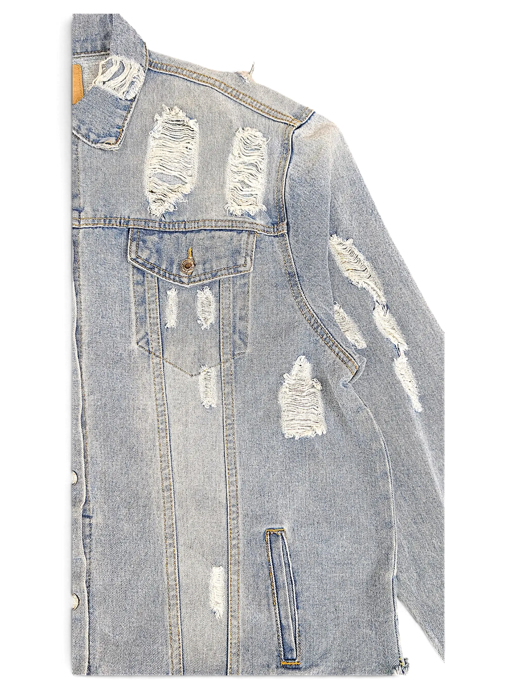 JAKE & IPI light wash denim jacket with heavy distressing and frayed rips on the shoulder and chest
