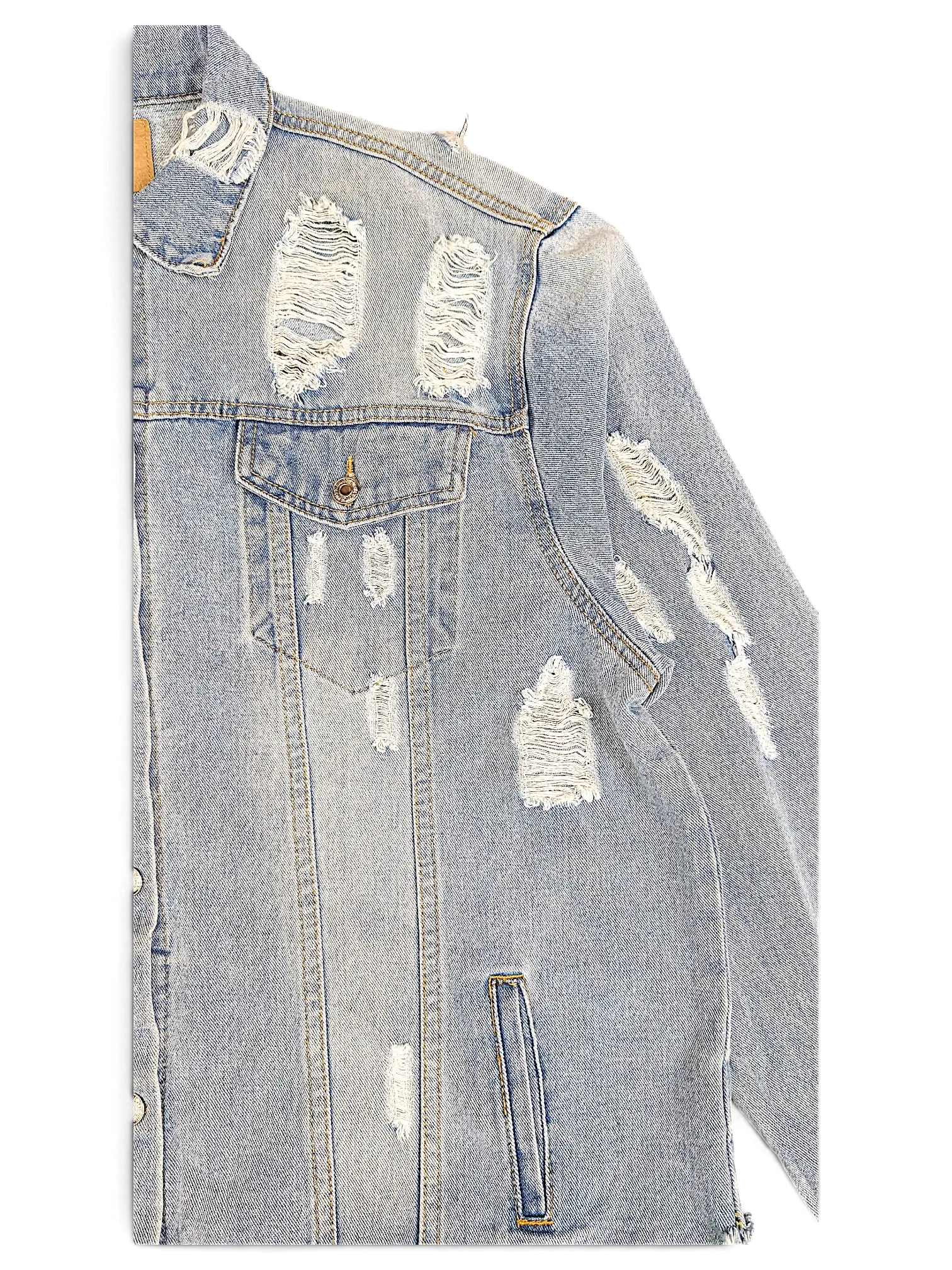 JAKE & IPI light wash denim jacket with heavy distressing and frayed rips on the shoulder and chest