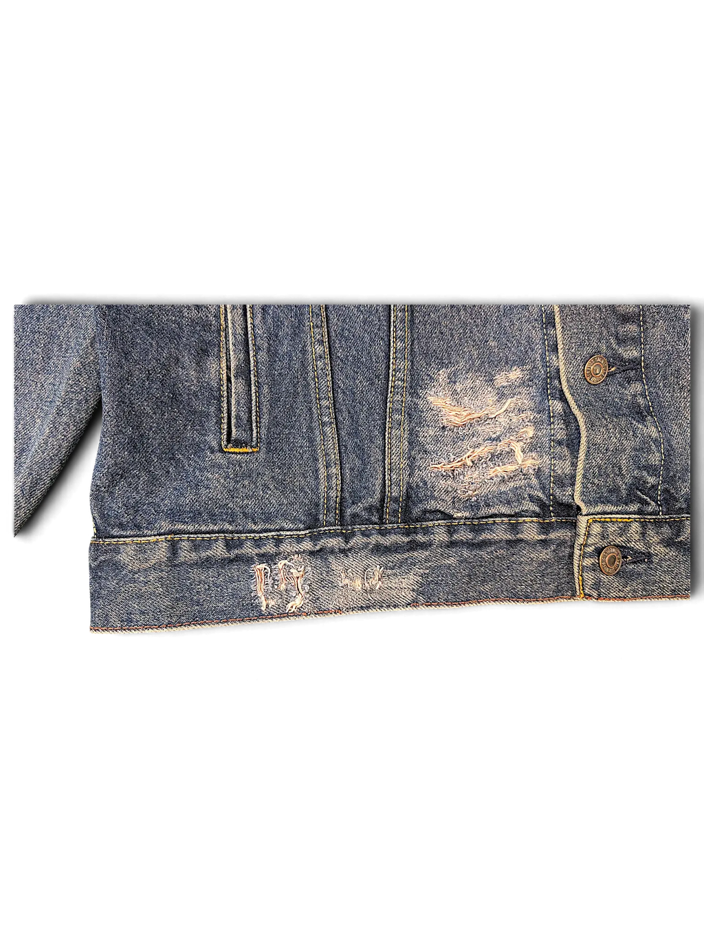 JAKE & IPI Levi Strauss Signature distressed blue denim jacket with frayed detailing and metal button closure