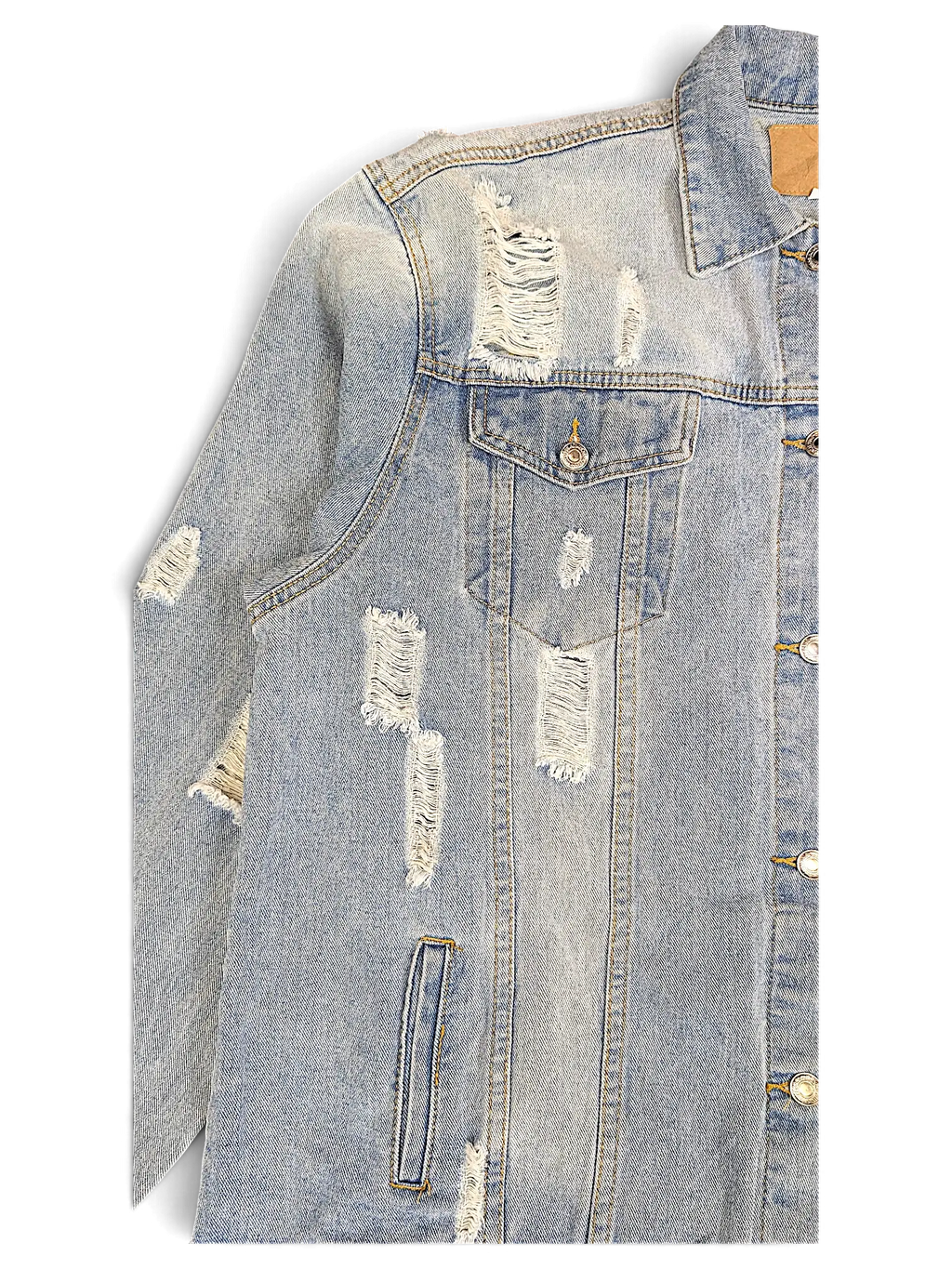 JAKE & IPI light blue distressed denim jacket with frayed rip details and metal button closure