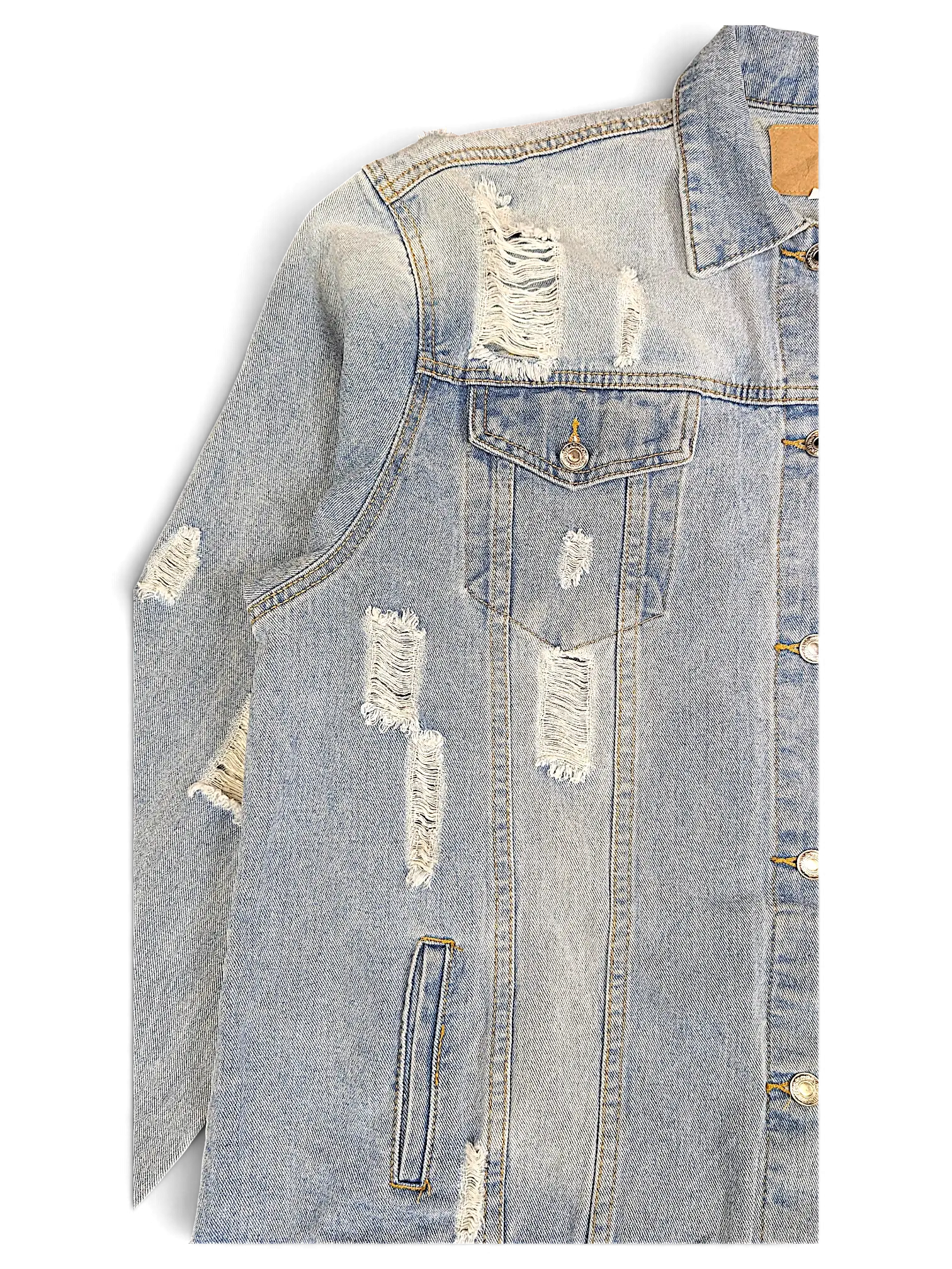 JAKE & IPI light blue distressed denim jacket with frayed rip details and metal button closure