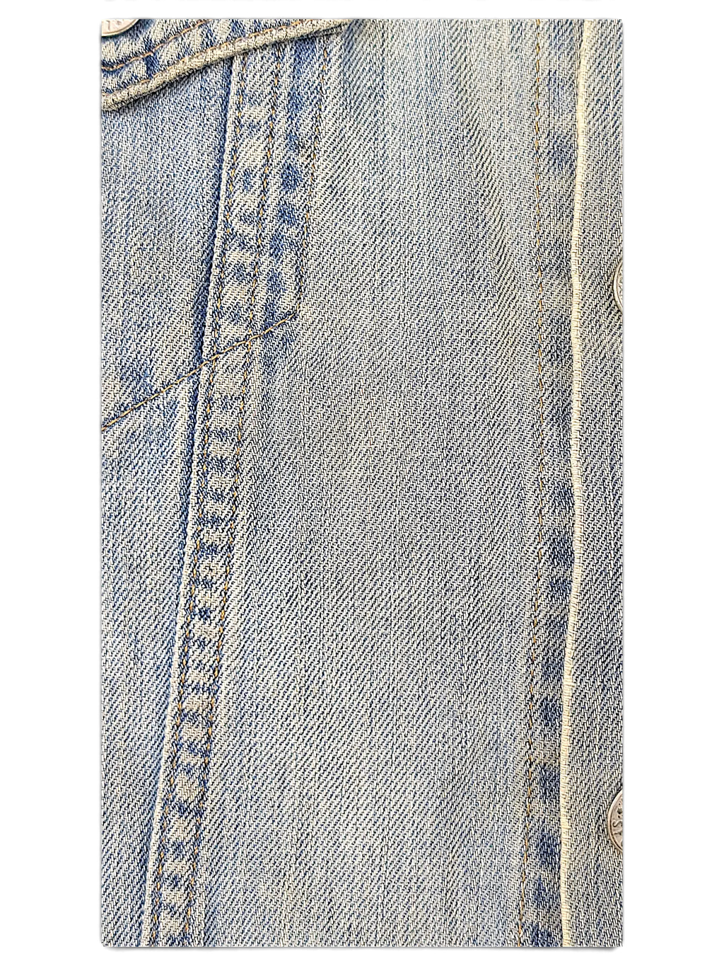 Close-up of JAKE & IPI Levi's distressed light blue washed denim jacket fabric with visible stitching and texture
