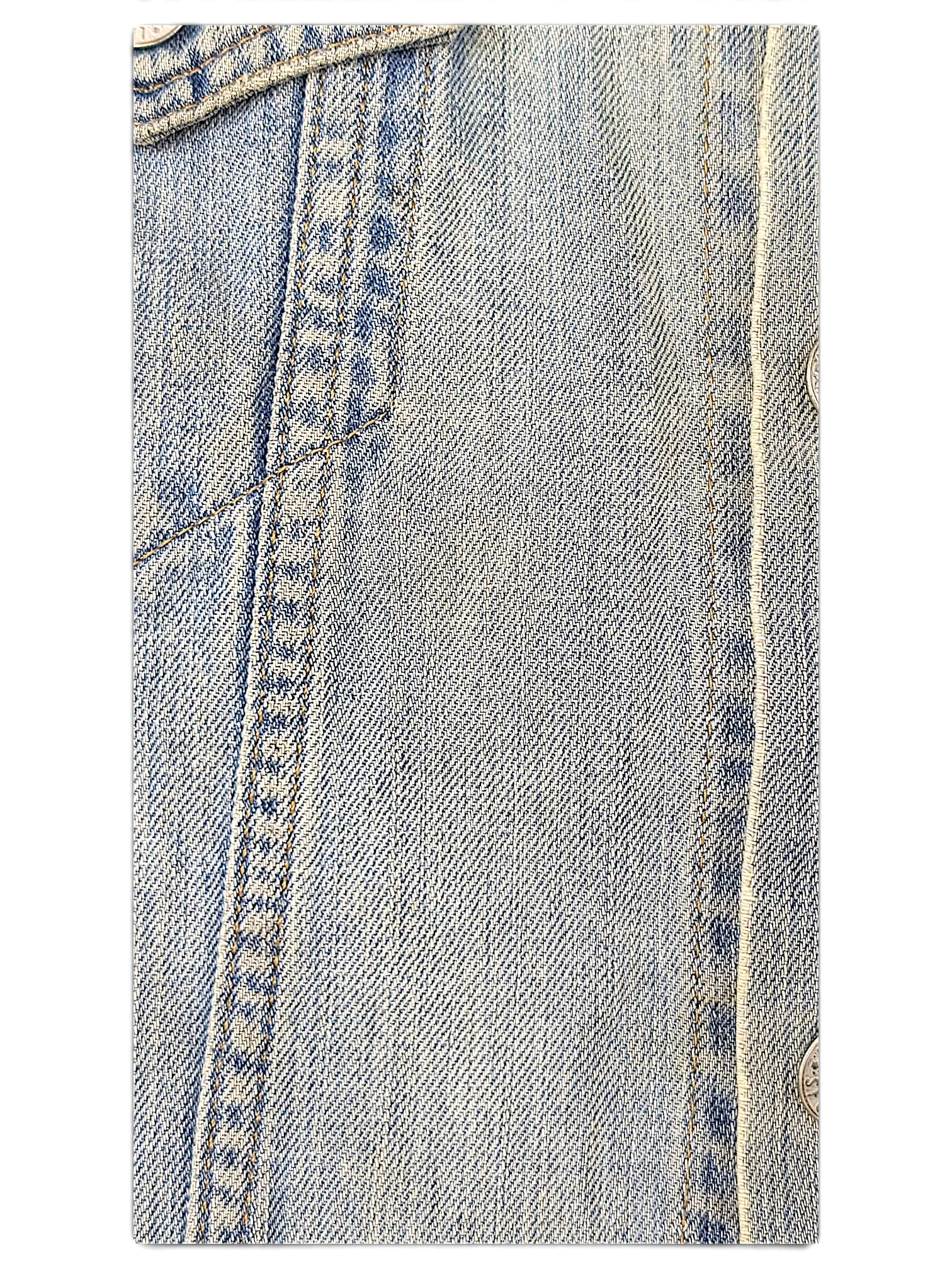 Close-up of JAKE & IPI Levi's distressed light blue washed denim jacket fabric with visible stitching and texture