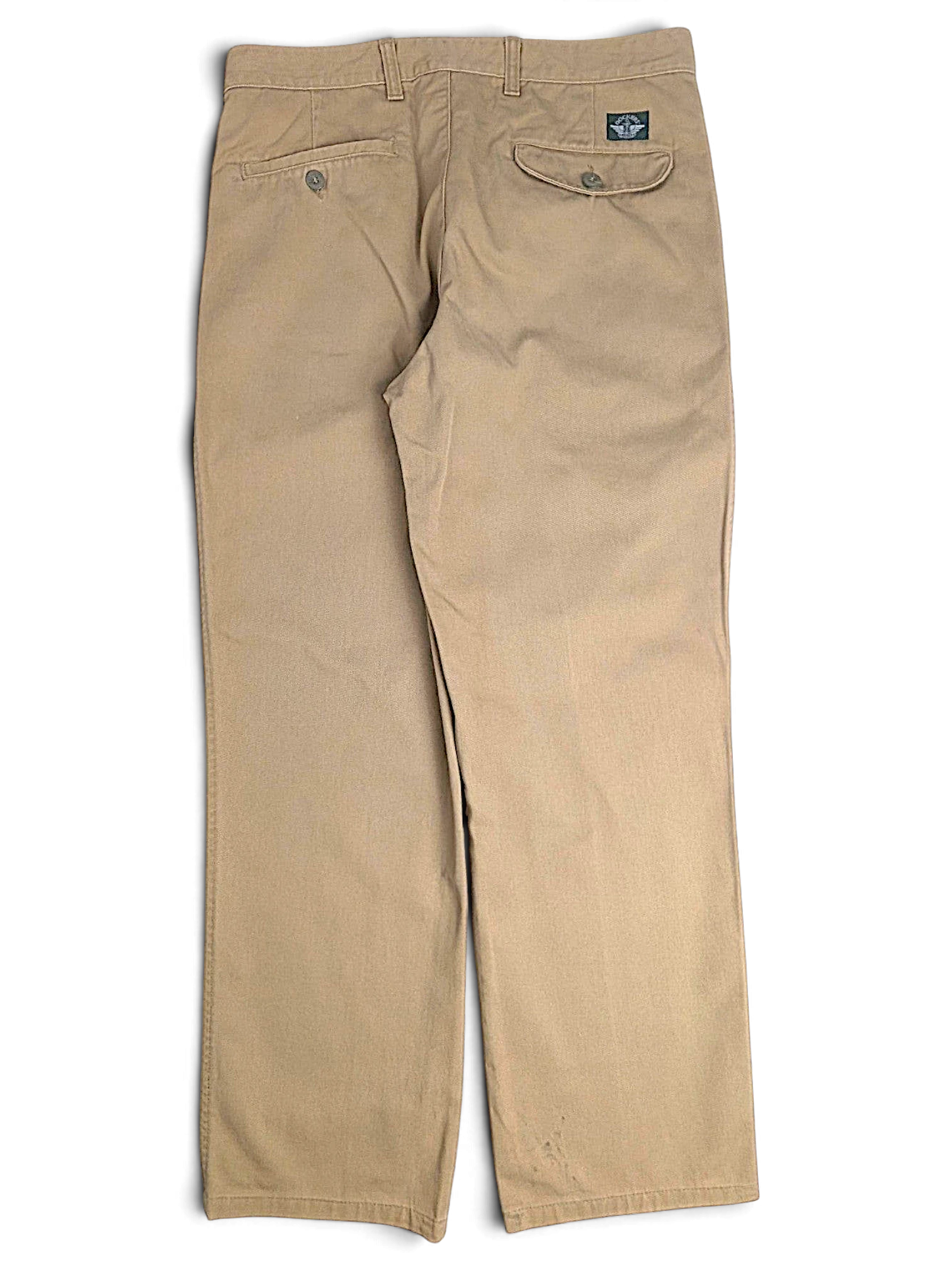 JAKE & IPI pre-owned Dockers beige cotton pleated chinos, back view showing pockets and straight leg fit.