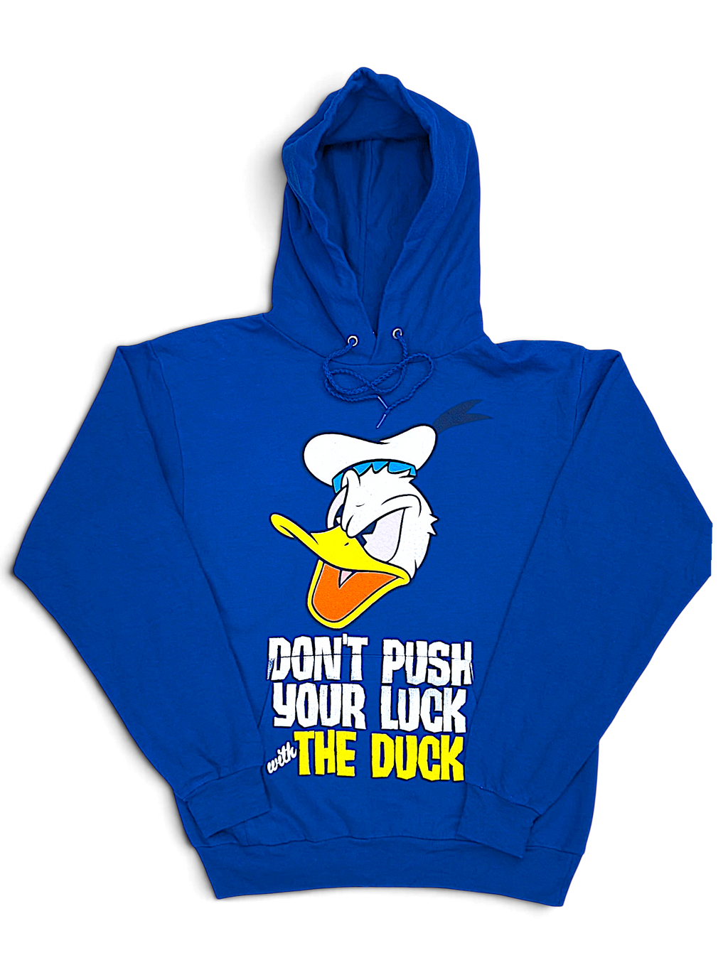 JAKE & IPI blue hoodie featuring a Donald Duck graphic with the text Don't Push Your Luck With The Duck