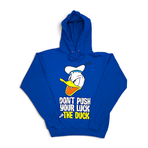 JAKE & IPI sininen huppari, Aku Ankka -painatus ja teksti Don't Push Your Luck With The Duck