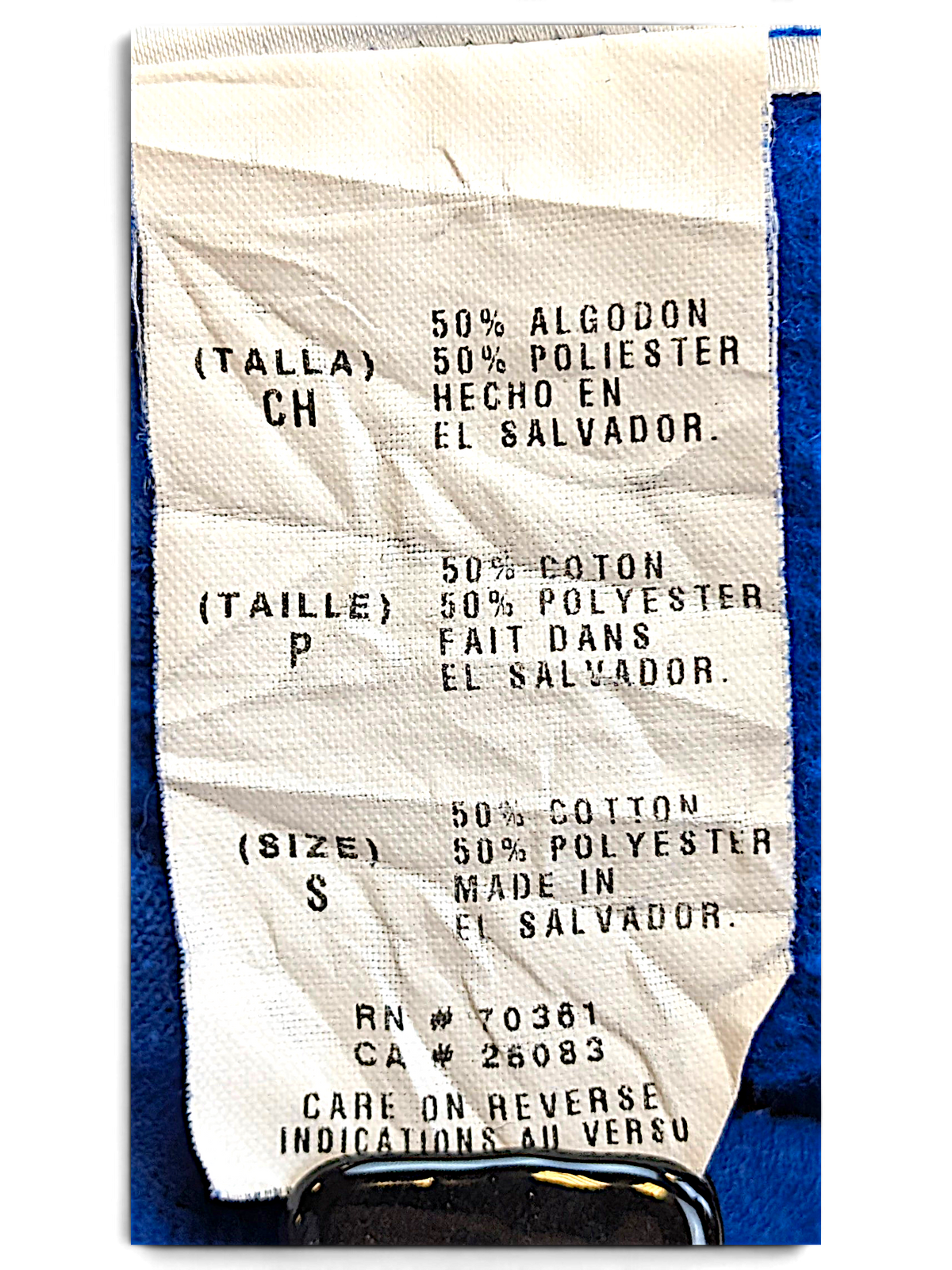 JAKE & IPI blue Donald Duck hoodie care label showing 50% cotton and 50% polyester fabric composition