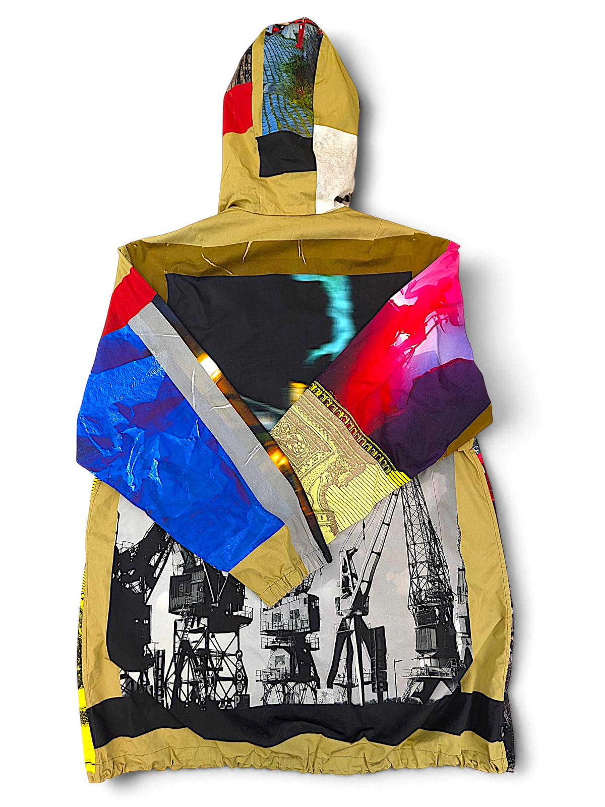 Dries Van Noten hooded parka showing harbour and city collage motifs