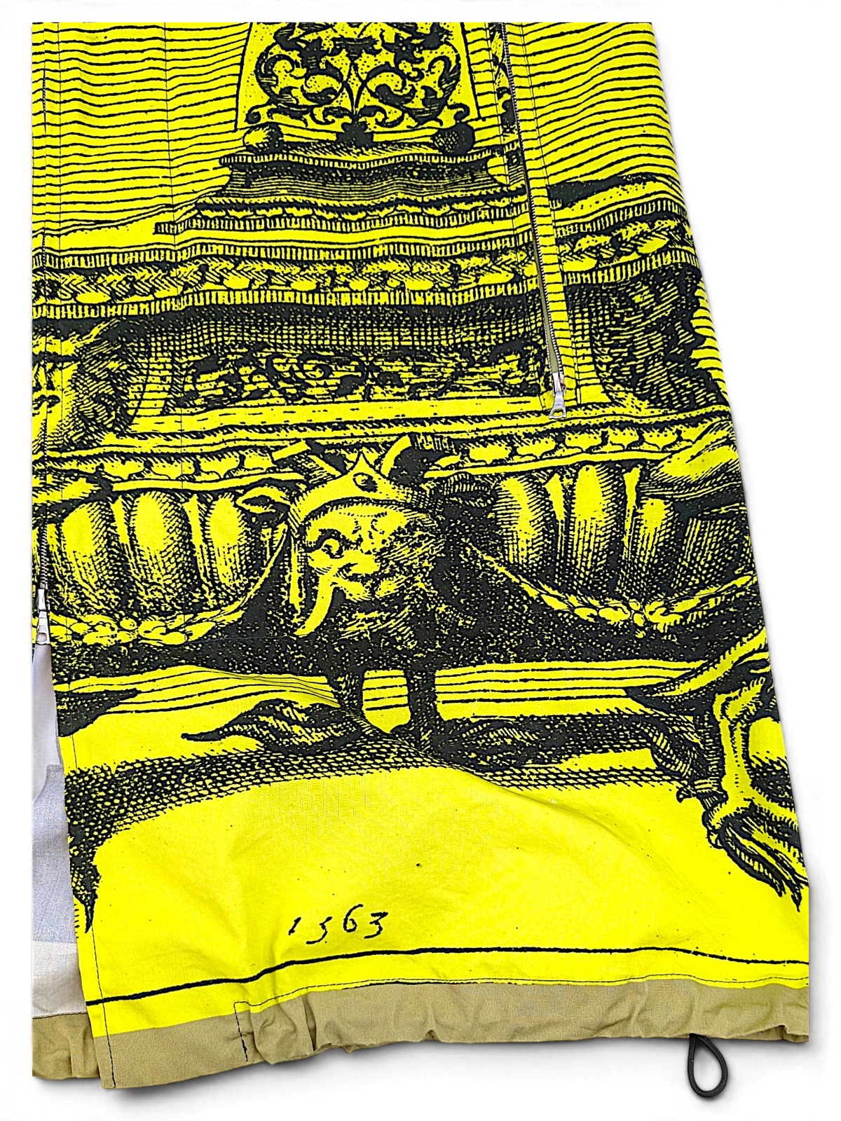 Dries Van Noten printed parka front zip and bright yellow panel detail