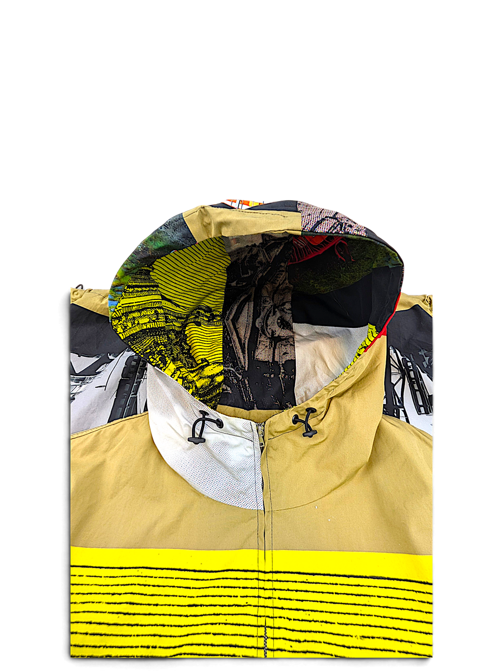 Dries Van Noten parka hood, front zip and multicolour print detail