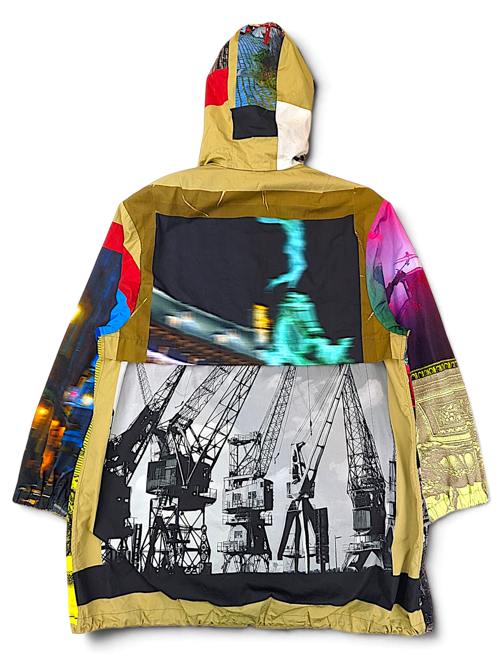 Dries Van Noten printed parka, back view with crane and harbour imagery