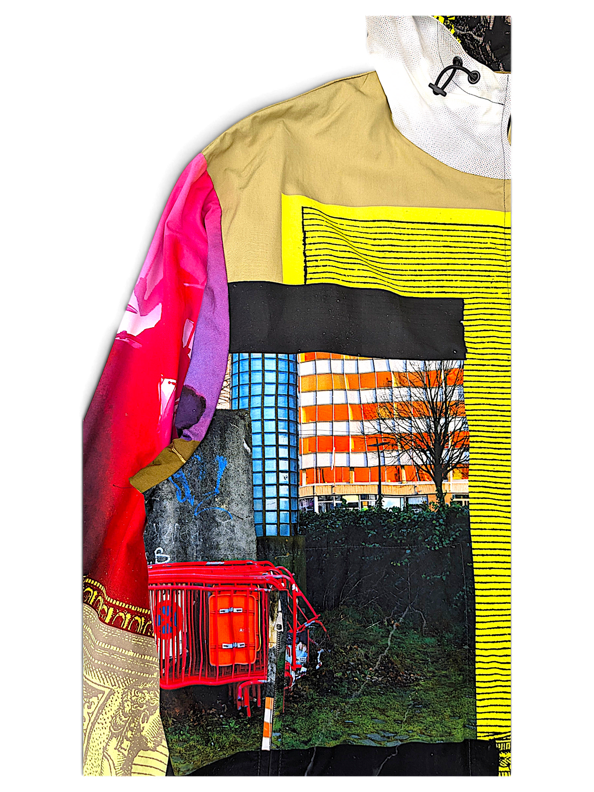Dries Van Noten parka close-up showing photographic and abstract printed panels