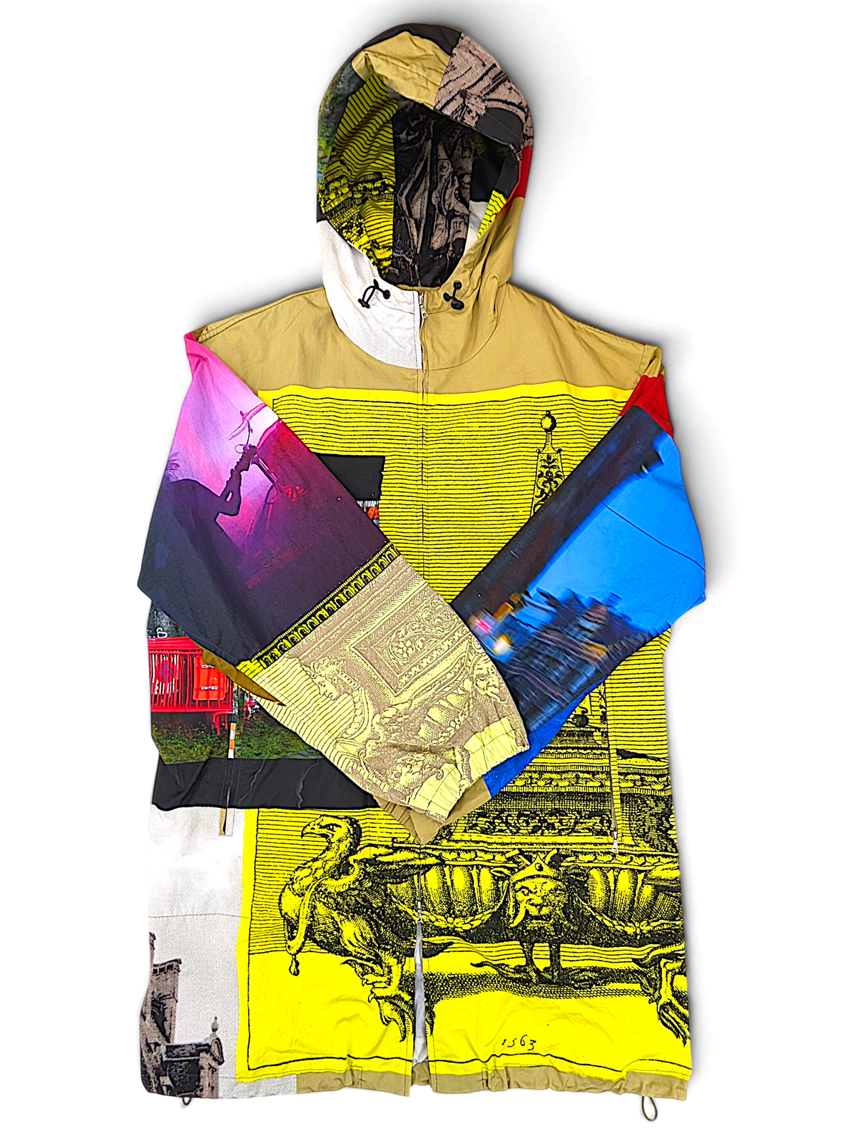 Dries Van Noten hooded parka showing yellow, green and multicolour collage print