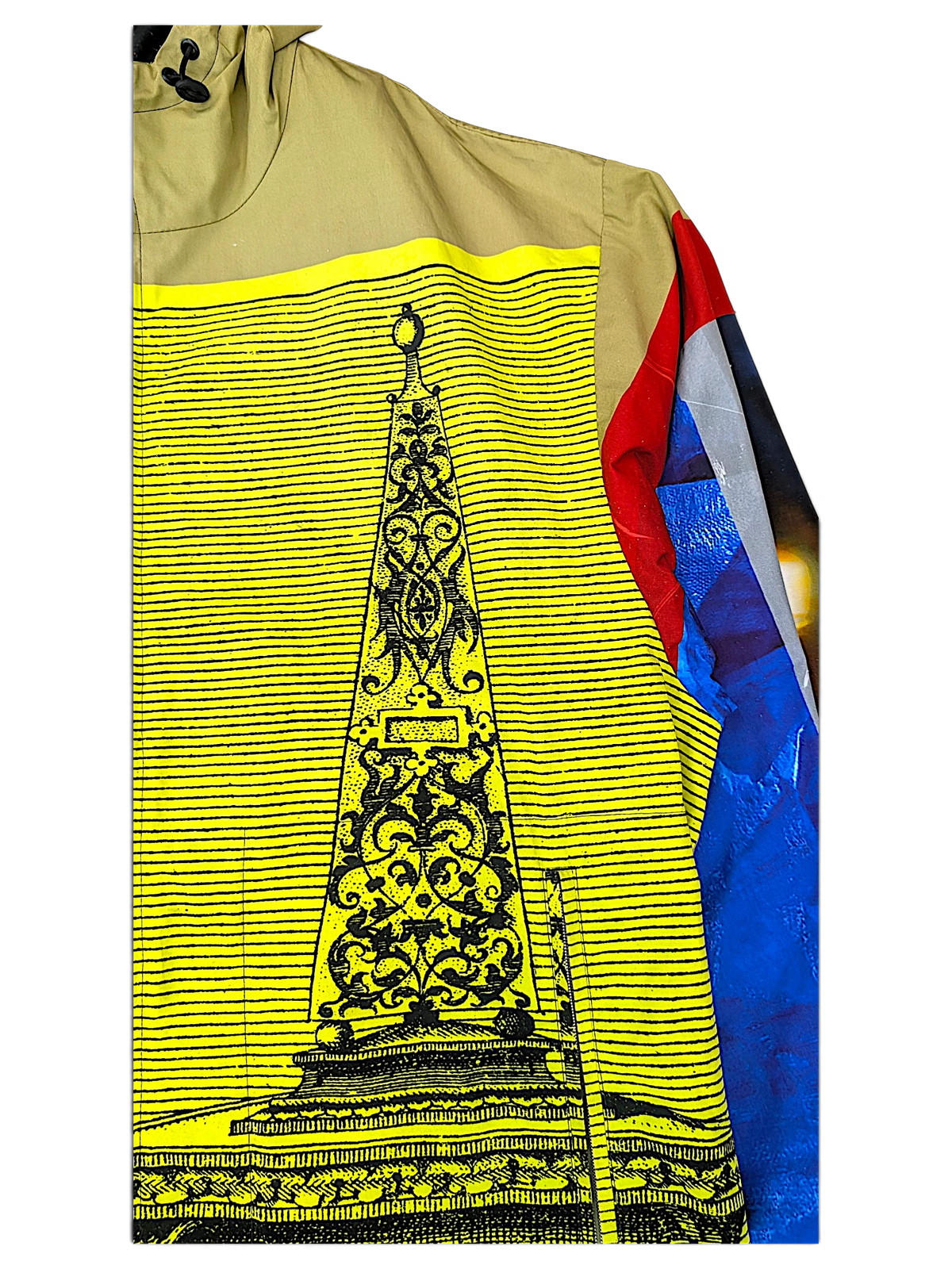 Dries Van Noten parka detail with graphic monument print and olive hood