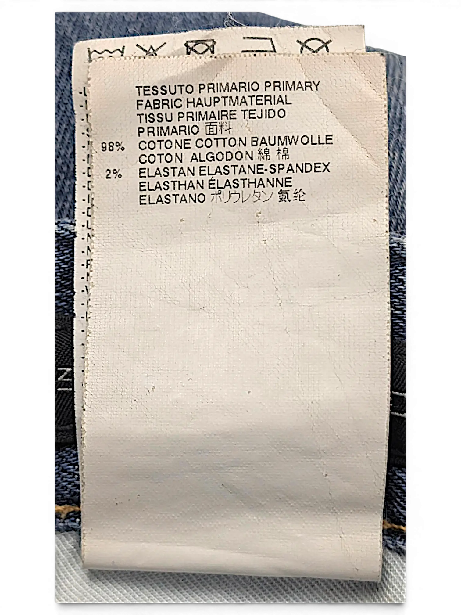JAKE & IPI Dsquared² jeans fabric care label showing 98% cotton and 2% elastane composition